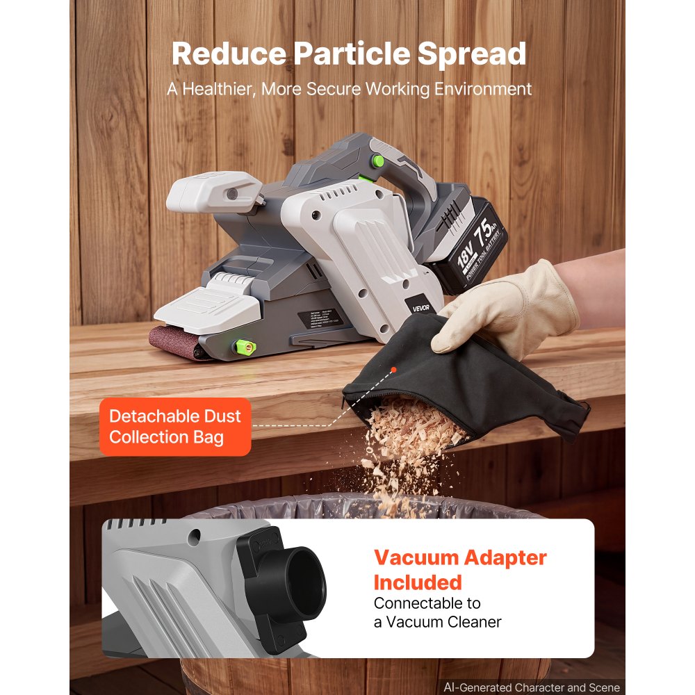 VEVOR 20V Max Cordless Belt Sander, 3" x 21" Belt Sander for Woodworking, 6 Variable Speeds Sanding Machine with 10PCS Sanding Belts, 2 Dust Bags & Vacuum Adapter (Battery NOT Included)