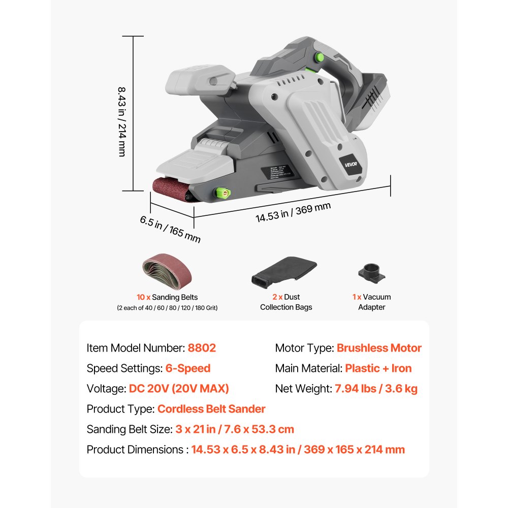 VEVOR 20V Max Cordless Belt Sander, 3" x 21" Belt Sander for Woodworking, 6 Variable Speeds Sanding Machine with 10PCS Sanding Belts, 2 Dust Bags & Vacuum Adapter (Battery NOT Included)