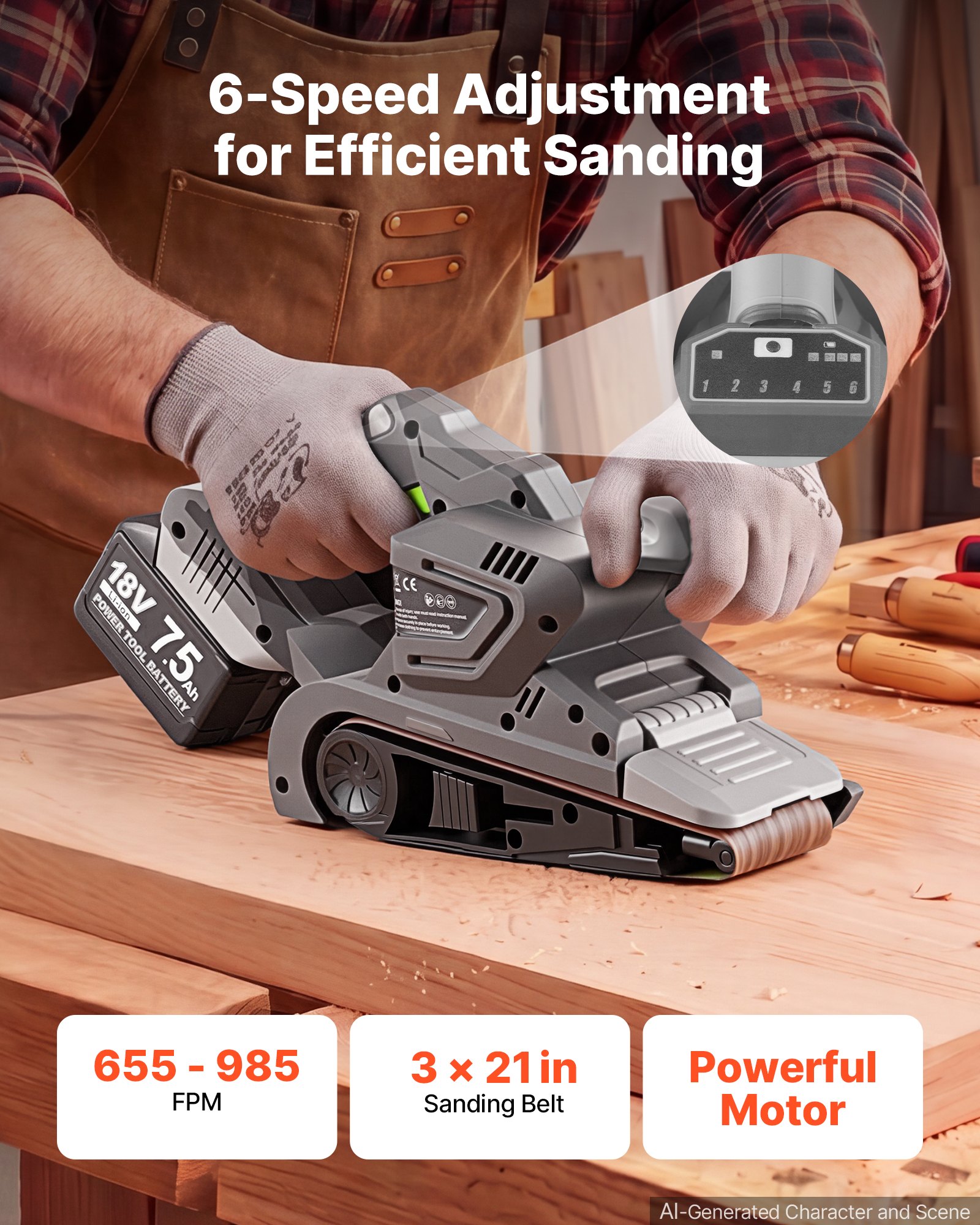 VEVOR 20V Max Cordless Belt Sander, 3" x 21" Belt Sander for Woodworking, 6 Variable Speeds Sanding Machine with 10PCS Sanding Belts, 2 Dust Bags & Vacuum Adapter (Battery NOT Included)