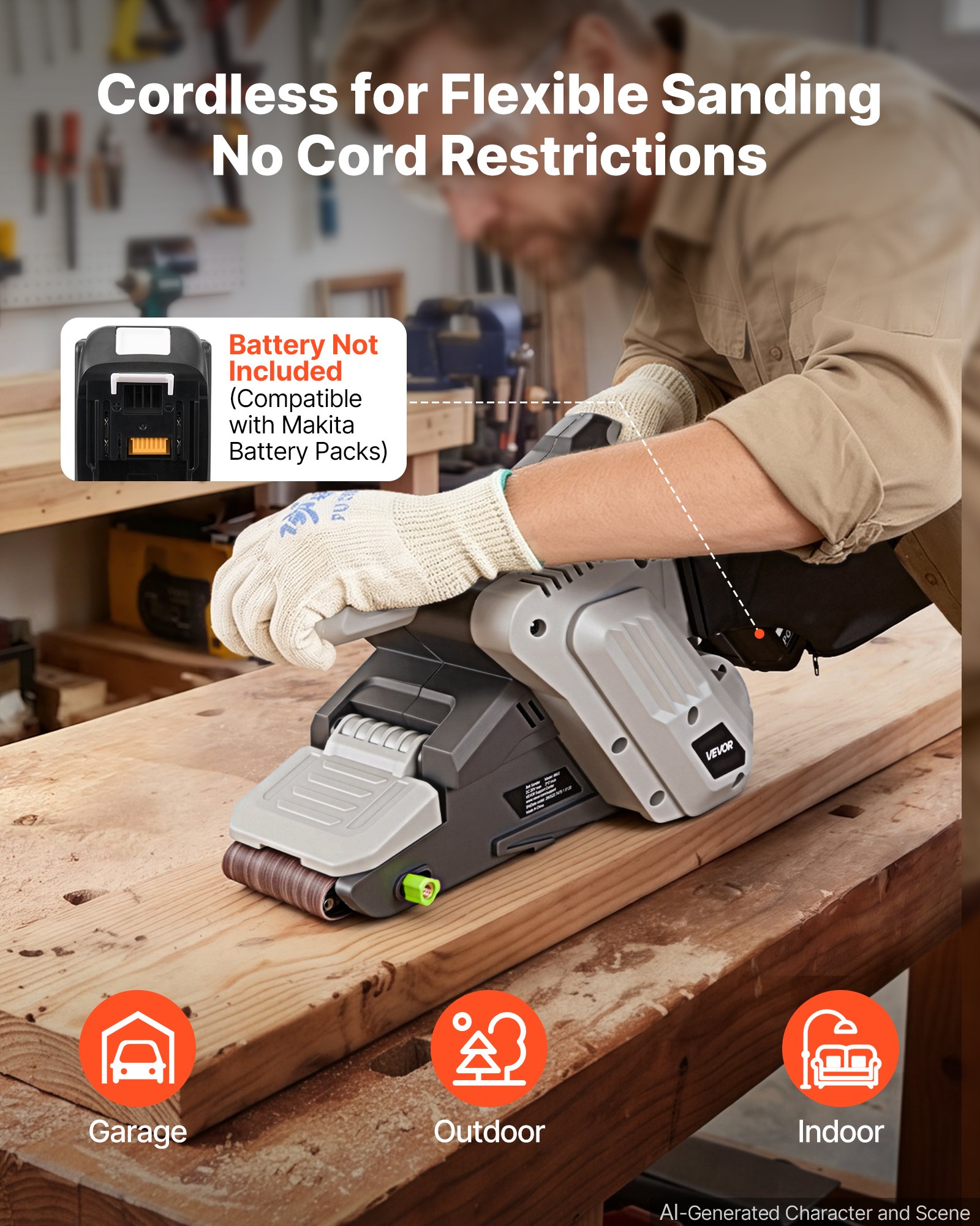 VEVOR 20V Max Cordless Belt Sander, 3" x 21" Belt Sander for Woodworking, 6 Variable Speeds Sanding Machine with 10PCS Sanding Belts, 2 Dust Bags & Vacuum Adapter (Battery NOT Included)