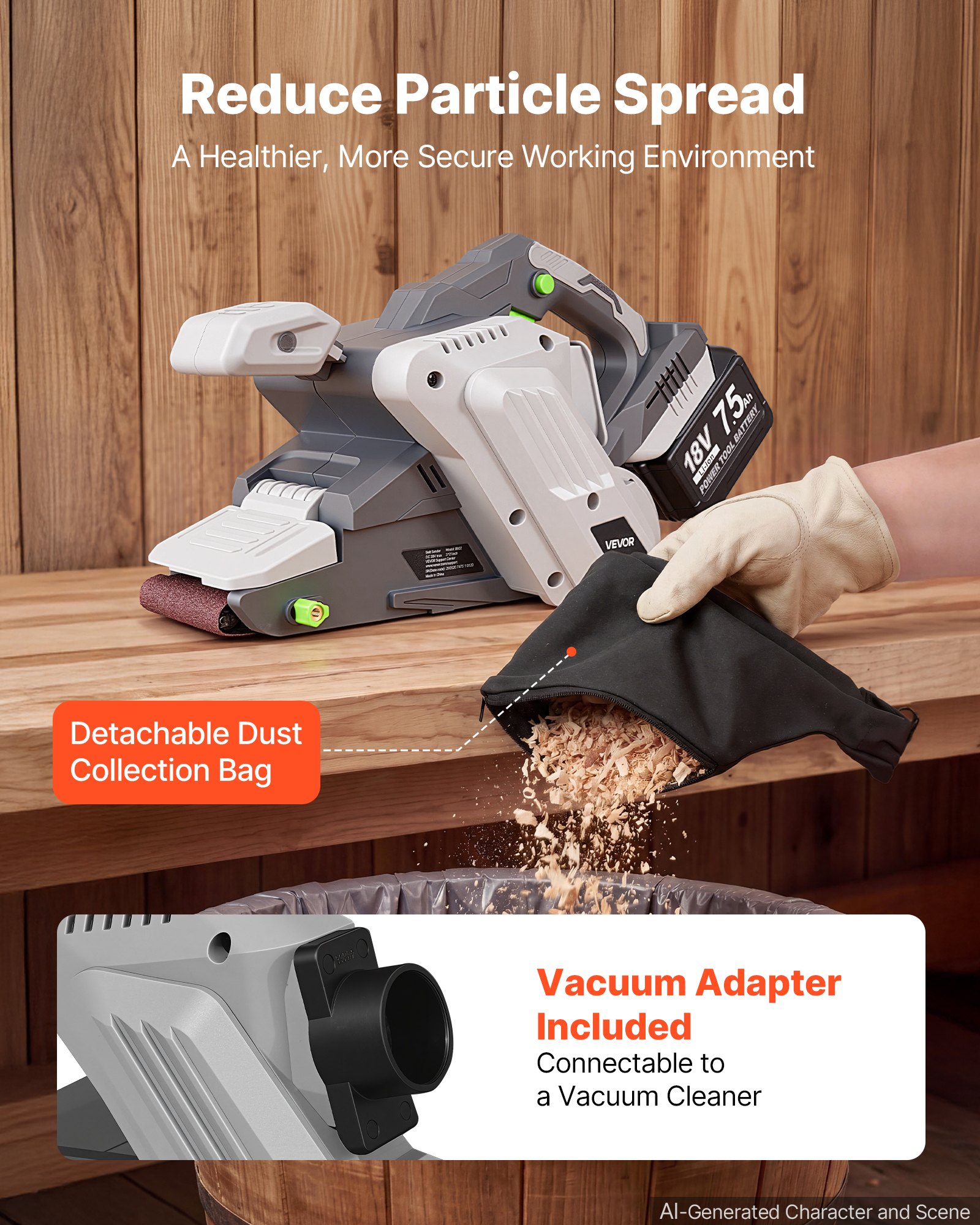 VEVOR 20V Max Cordless Belt Sander, 3" x 21" Belt Sander for Woodworking, 6 Variable Speeds Sanding Machine with 10PCS Sanding Belts, 2 Dust Bags & Vacuum Adapter (Battery NOT Included)