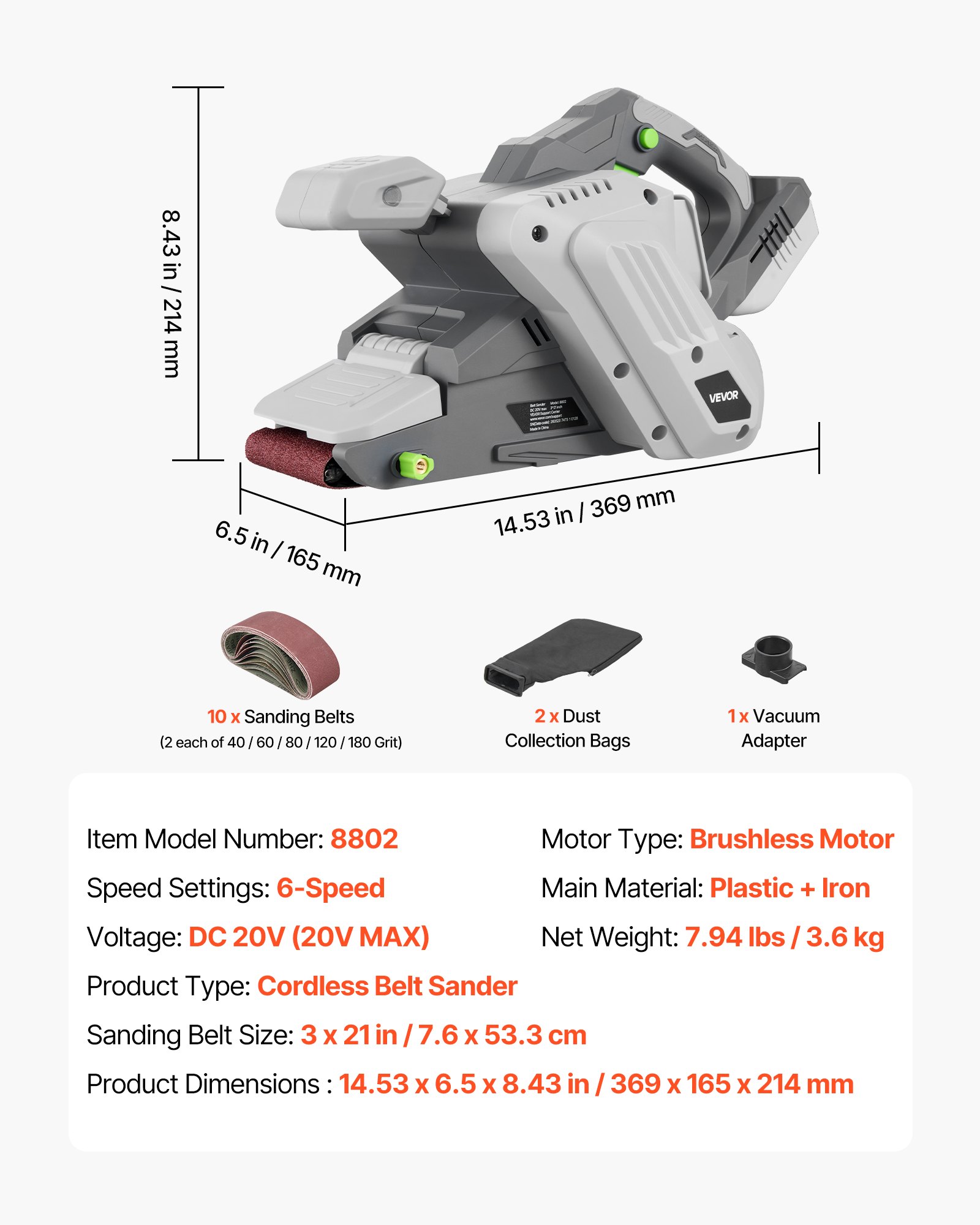 VEVOR 20V Max Cordless Belt Sander, 3" x 21" Belt Sander for Woodworking, 6 Variable Speeds Sanding Machine with 10PCS Sanding Belts, 2 Dust Bags & Vacuum Adapter (Battery NOT Included)