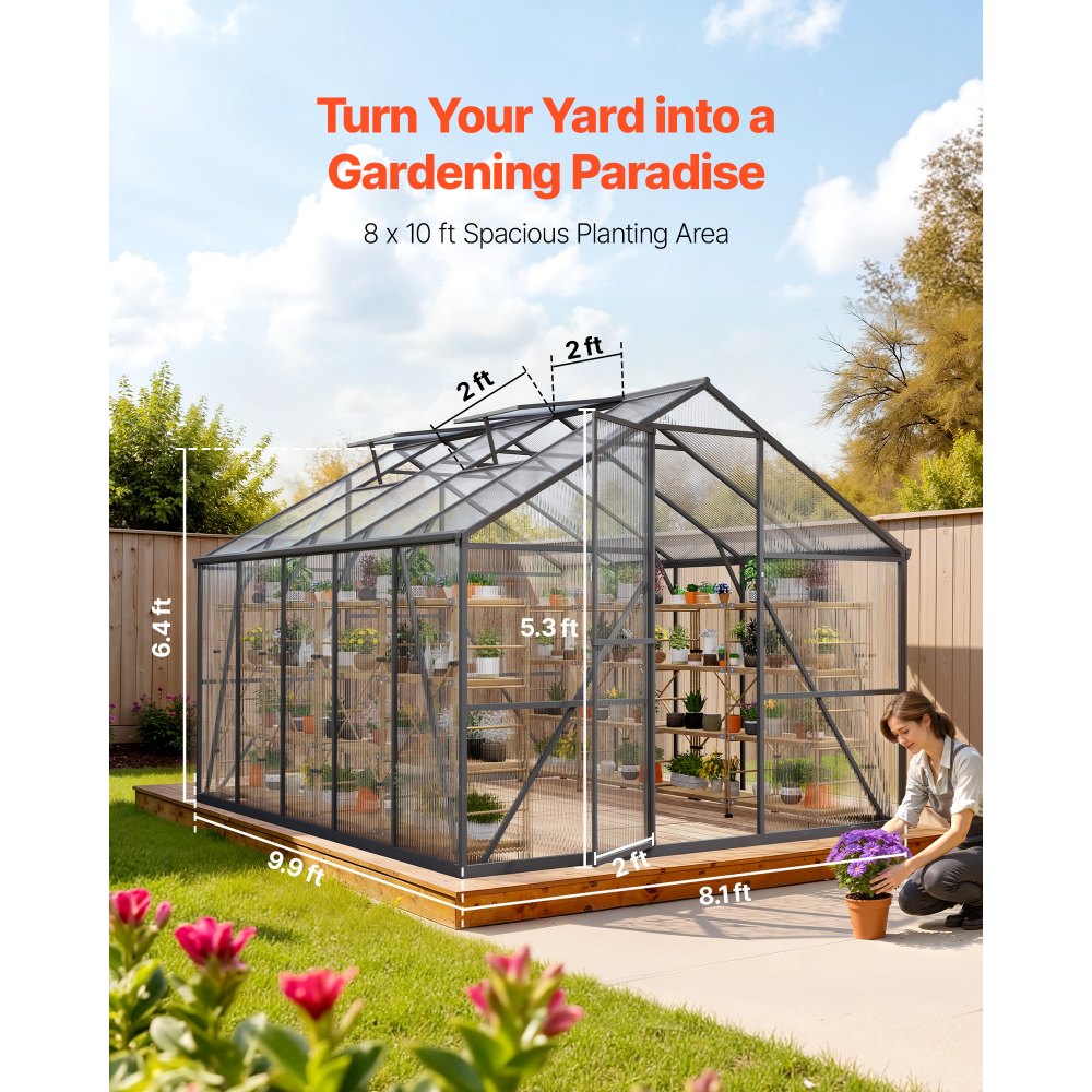 VEVOR 8 x 10 FT Polycarbonate Greenhouse, Heavy Duty Outdoor Green House with Adjustable Vents & Push-Pull Lockable Door, Quick Setup, Aluminum Frame Walk-in Greenhouse Sunroom for Outside Garden Lawn