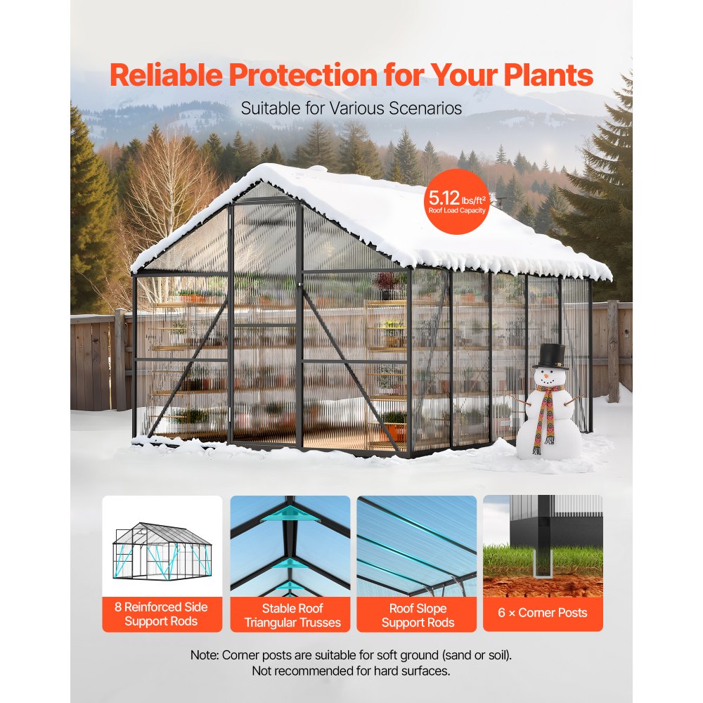 VEVOR 8 x 10 FT Polycarbonate Greenhouse, Heavy Duty Outdoor Green House with Adjustable Vents & Push-Pull Lockable Door, Quick Setup, Aluminum Frame Walk-in Greenhouse Sunroom for Outside Garden Lawn