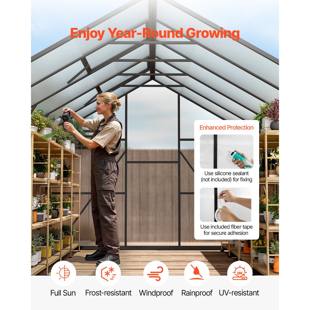 VEVOR 8 x 10 FT Polycarbonate Greenhouse, Heavy Duty Outdoor Green House with Adjustable Vents & Push-Pull Lockable Door, Quick Setup, Aluminum Frame Walk-in Greenhouse Sunroom for Outside Garden Lawn
