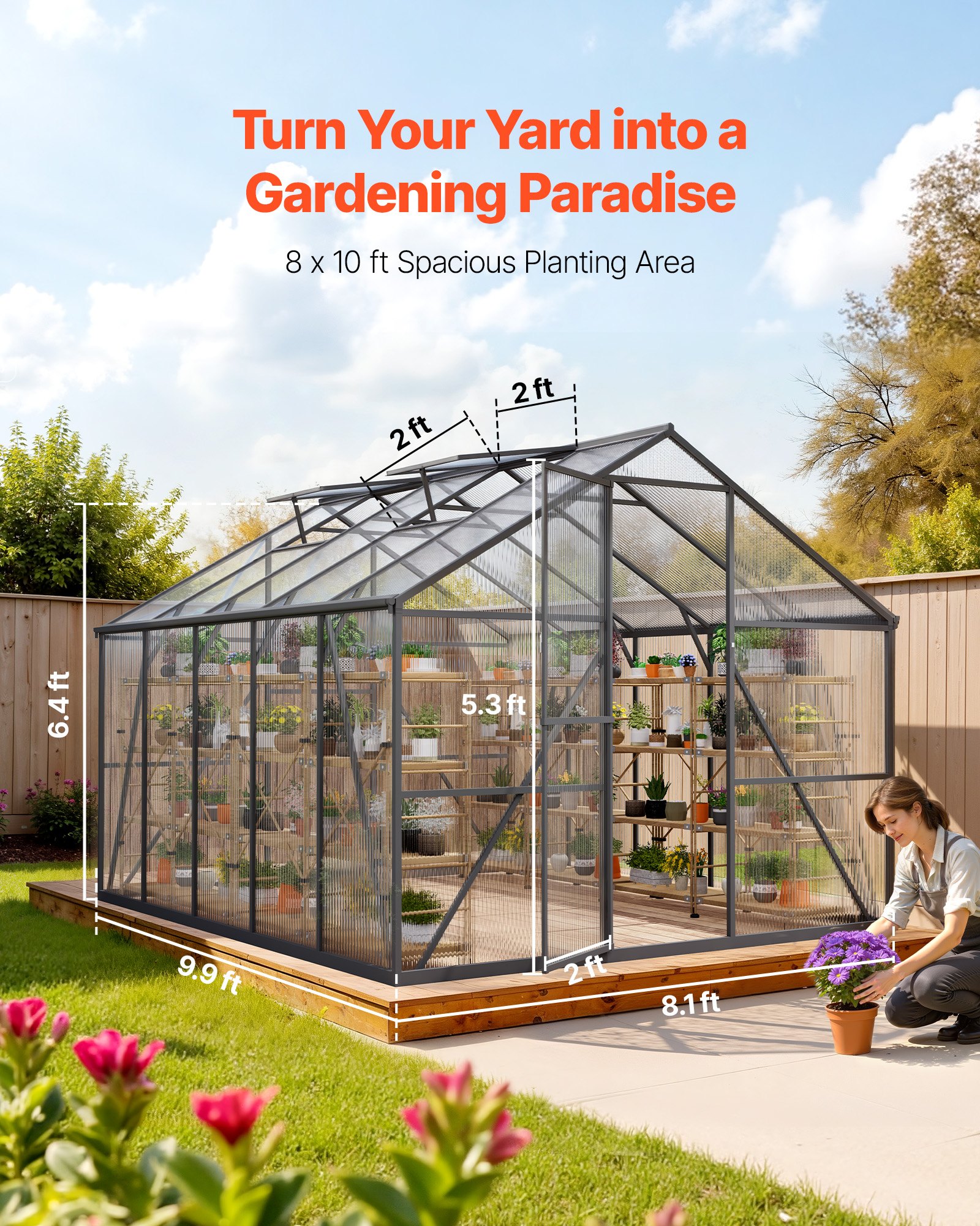 VEVOR 8 x 10 FT Polycarbonate Greenhouse, Heavy Duty Outdoor Green House with Adjustable Vents & Push-Pull Lockable Door, Quick Setup, Aluminum Frame Walk-in Greenhouse Sunroom for Outside Garden Lawn