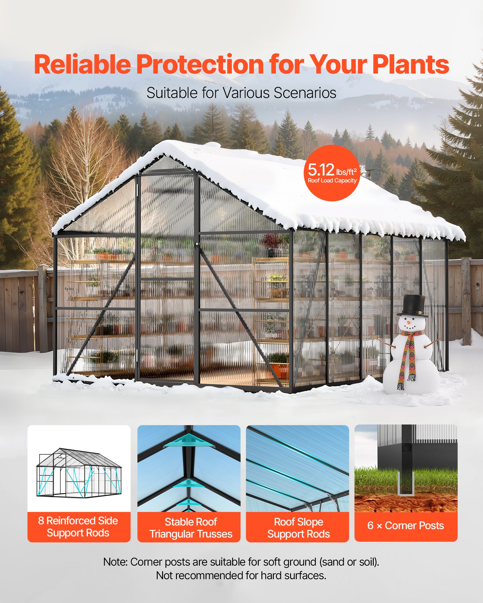 VEVOR 8 x 10 FT Polycarbonate Greenhouse, Heavy Duty Outdoor Green House with Adjustable Vents & Push-Pull Lockable Door, Quick Setup, Aluminum Frame Walk-in Greenhouse Sunroom for Outside Garden Lawn
