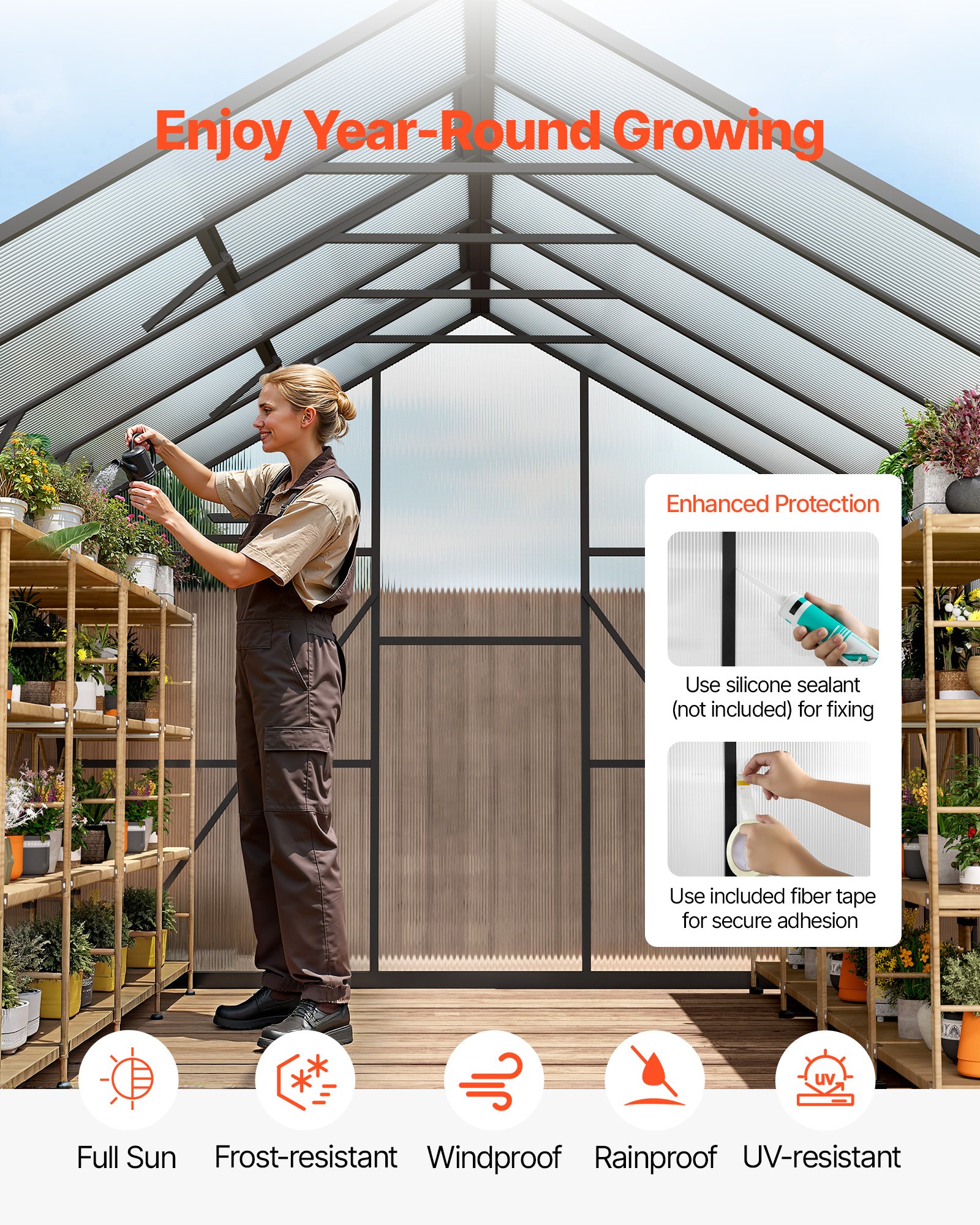 VEVOR 8 x 10 FT Polycarbonate Greenhouse, Heavy Duty Outdoor Green House with Adjustable Vents & Push-Pull Lockable Door, Quick Setup, Aluminum Frame Walk-in Greenhouse Sunroom for Outside Garden Lawn