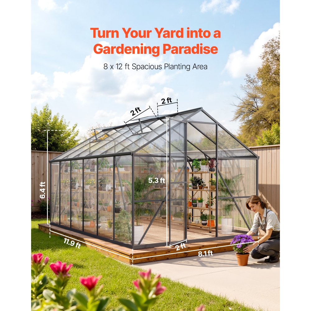 VEVOR 8 x 12 FT Polycarbonate Greenhouse, Heavy Duty Outdoor Green House with Adjustable Vent & Push-Pull Lockable Door, Quick Setup, Aluminum Frame Walk-in Greenhouse Sunroom for Outside Garden Lawn