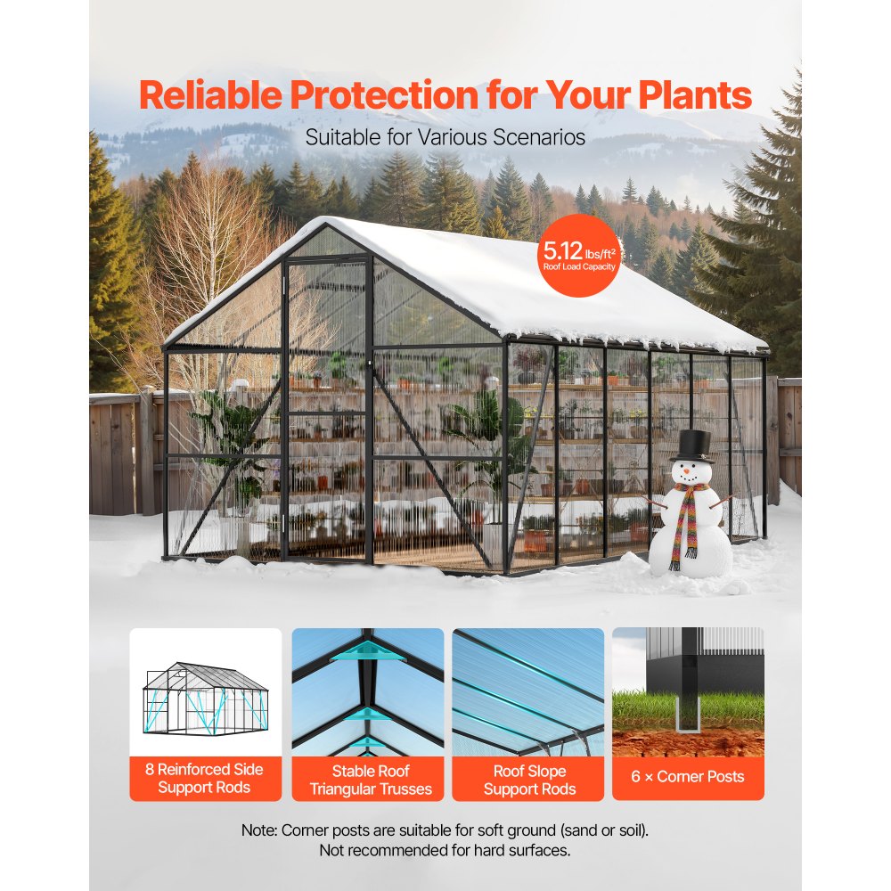VEVOR 8 x 12 FT Polycarbonate Greenhouse, Heavy Duty Outdoor Green House with Adjustable Vent & Push-Pull Lockable Door, Quick Setup, Aluminum Frame Walk-in Greenhouse Sunroom for Outside Garden Lawn
