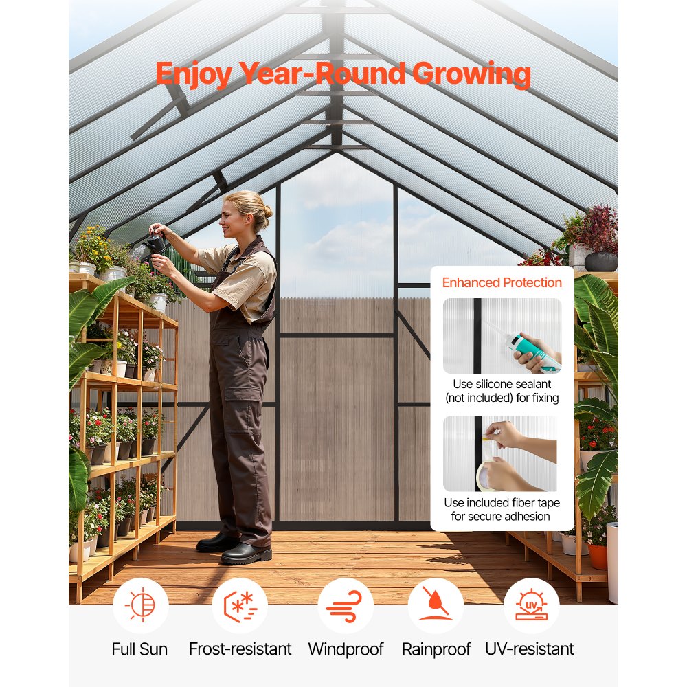 VEVOR 8 x 12 FT Polycarbonate Greenhouse, Heavy Duty Outdoor Green House with Adjustable Vent & Push-Pull Lockable Door, Quick Setup, Aluminum Frame Walk-in Greenhouse Sunroom for Outside Garden Lawn