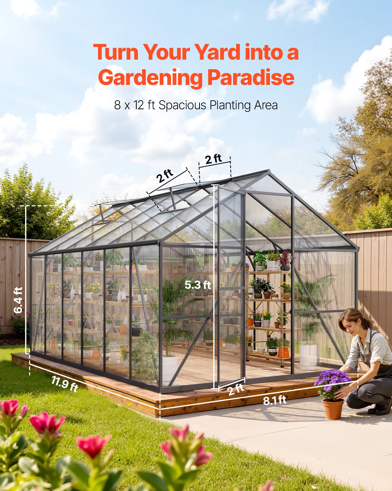 VEVOR 8 x 12 FT Polycarbonate Greenhouse, Heavy Duty Outdoor Green House with Adjustable Vent & Push-Pull Lockable Door, Quick Setup, Aluminum Frame Walk-in Greenhouse Sunroom for Outside Garden Lawn