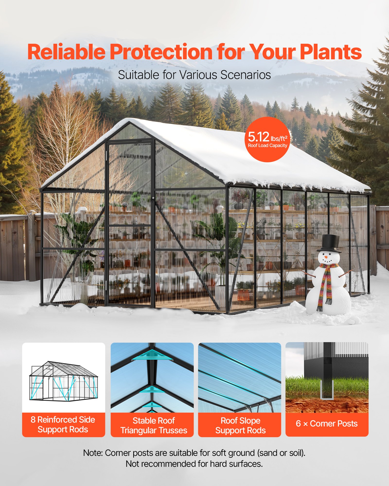 VEVOR 8 x 12 FT Polycarbonate Greenhouse, Heavy Duty Outdoor Green House with Adjustable Vent & Push-Pull Lockable Door, Quick Setup, Aluminum Frame Walk-in Greenhouse Sunroom for Outside Garden Lawn