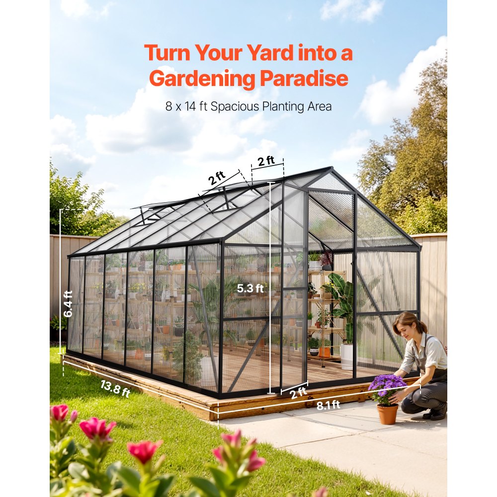 VEVOR 8 x 14 FT Polycarbonate Greenhouse, Heavy Duty Outdoor Green House with Adjustable Vent & Push-Pull Lockable Door, Quick Setup, Aluminum Frame Walk-in Greenhouse Sunroom for Outside Garden Lawn