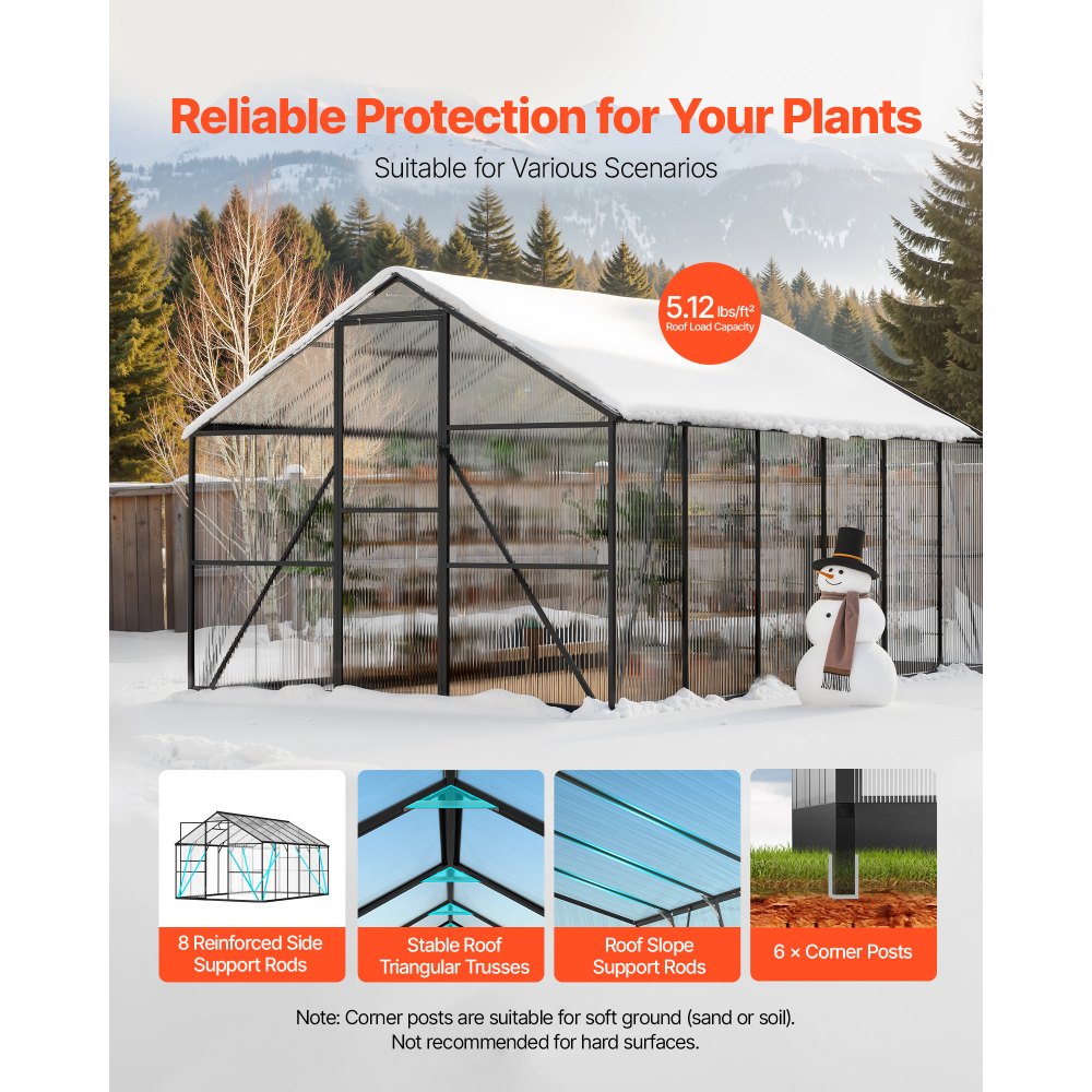 VEVOR 8 x 14 FT Polycarbonate Greenhouse, Heavy Duty Outdoor Green House with Adjustable Vent & Push-Pull Lockable Door, Quick Setup, Aluminum Frame Walk-in Greenhouse Sunroom for Outside Garden Lawn