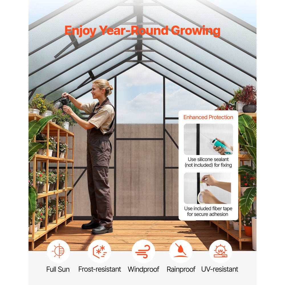 VEVOR 8 x 14 FT Polycarbonate Greenhouse, Heavy Duty Outdoor Green House with Adjustable Vent & Push-Pull Lockable Door, Quick Setup, Aluminum Frame Walk-in Greenhouse Sunroom for Outside Garden Lawn