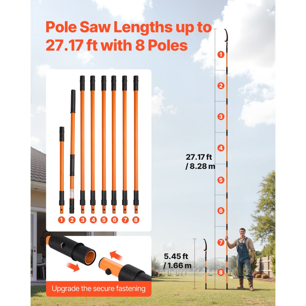 VEVOR Manual Pole Saw, 4.46-26.4 ft Extendable Tree Pruner, Sharp 65Mn Steel Blade, Lightweight Fiberglass Handle Pole, Two Double-Hook Saws for High Branch Trimming, Pruning Tool for Palms, Shrubs