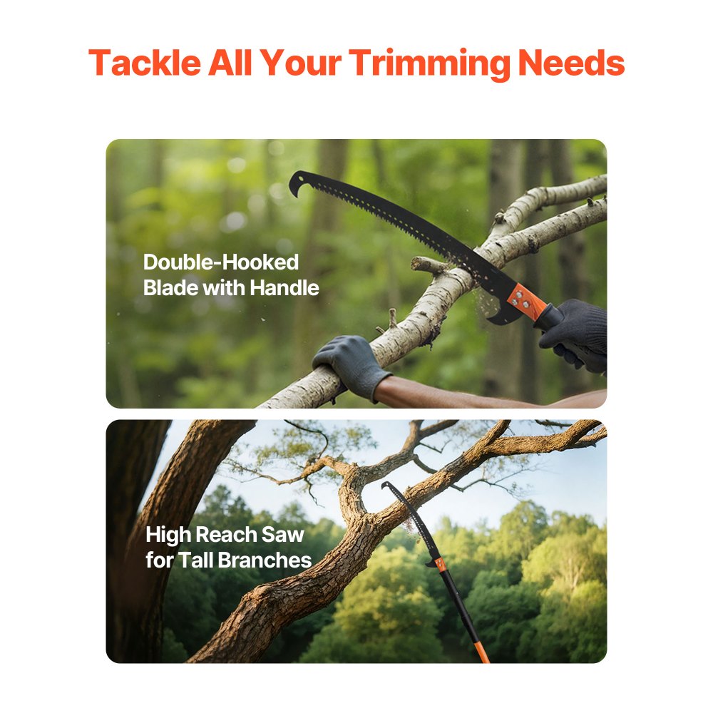 VEVOR Manual Pole Saw, 4.46-26.4 ft Extendable Tree Pruner, Sharp 65Mn Steel Blade, Lightweight Fiberglass Handle Pole, Two Double-Hook Saws for High Branch Trimming, Pruning Tool for Palms, Shrubs