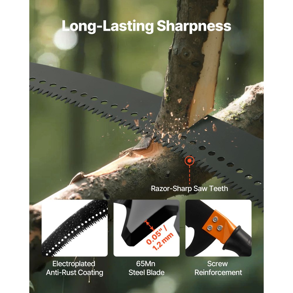 VEVOR Manual Pole Saw, 4.46-26.4 ft Extendable Tree Pruner, Sharp 65Mn Steel Blade, Lightweight Fiberglass Handle Pole, Two Double-Hook Saws for High Branch Trimming, Pruning Tool for Palms, Shrubs