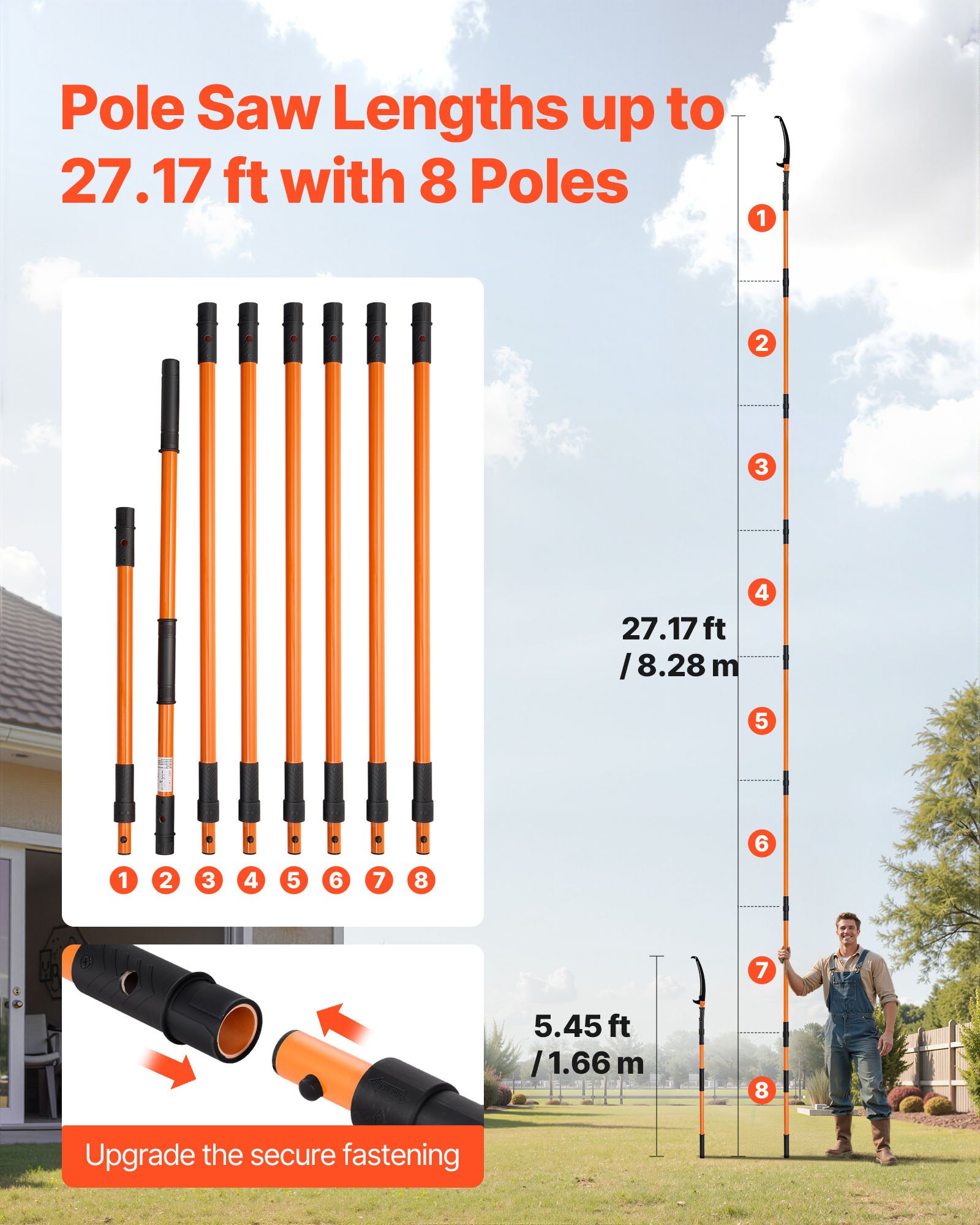 VEVOR Manual Pole Saw, 4.46-26.4 ft Extendable Tree Pruner, Sharp 65Mn Steel Blade, Lightweight Fiberglass Handle Pole, Two Double-Hook Saws for High Branch Trimming, Pruning Tool for Palms, Shrubs
