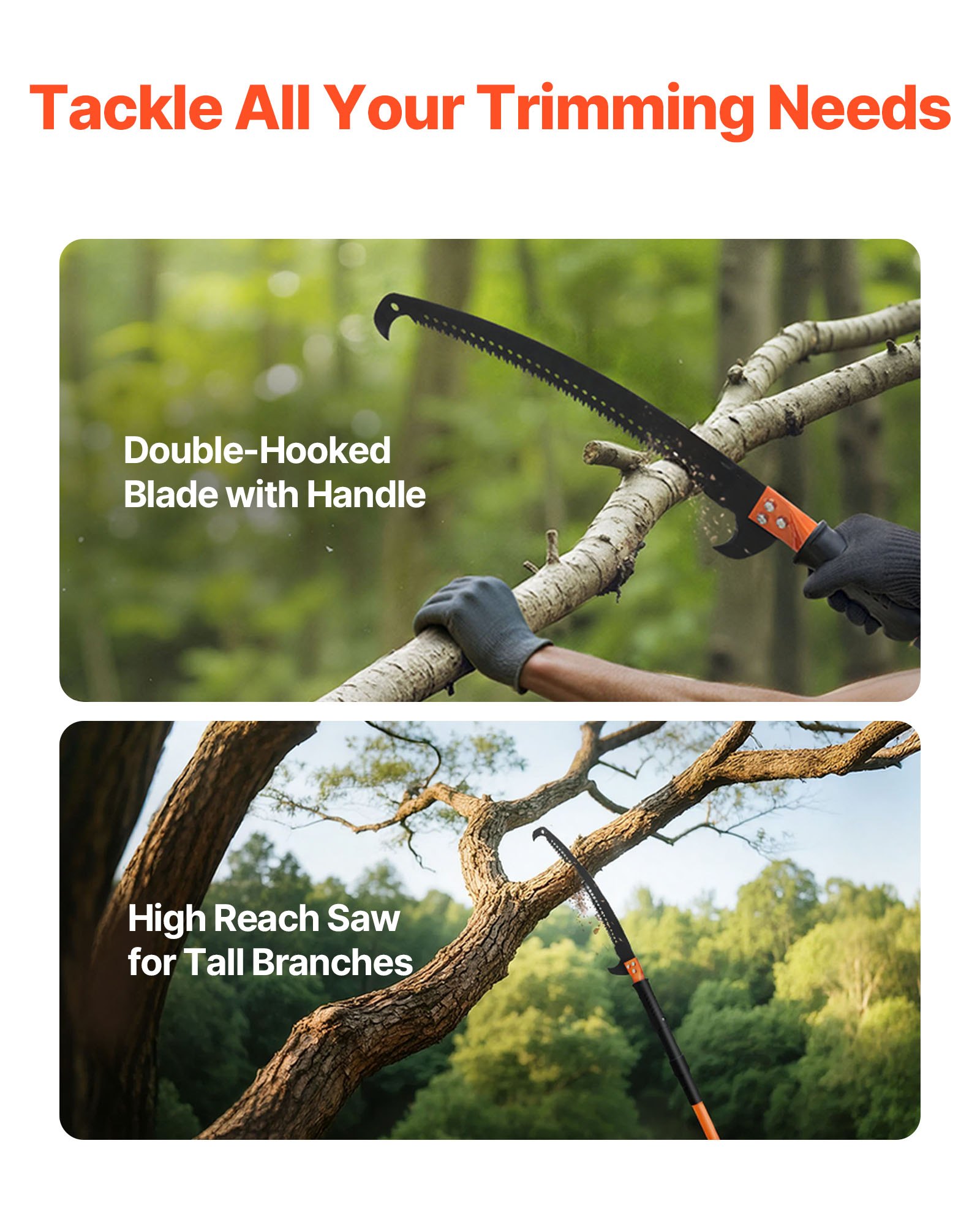 VEVOR Manual Pole Saw, 4.46-26.4 ft Extendable Tree Pruner, Sharp 65Mn Steel Blade, Lightweight Fiberglass Handle Pole, Two Double-Hook Saws for High Branch Trimming, Pruning Tool for Palms, Shrubs