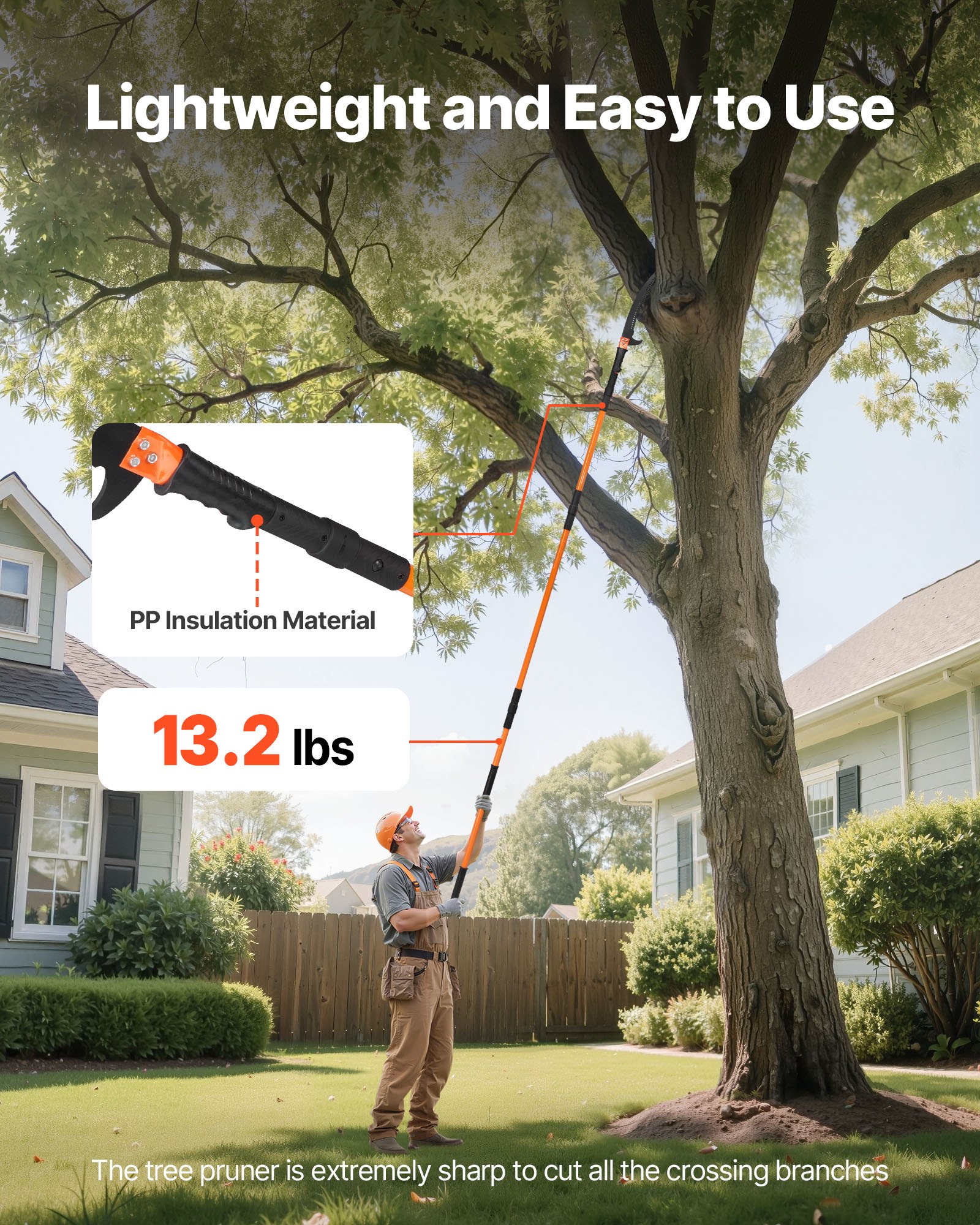 VEVOR Manual Pole Saw, 4.46-26.4 ft Extendable Tree Pruner, Sharp 65Mn Steel Blade, Lightweight Fiberglass Handle Pole, Two Double-Hook Saws for High Branch Trimming, Pruning Tool for Palms, Shrubs