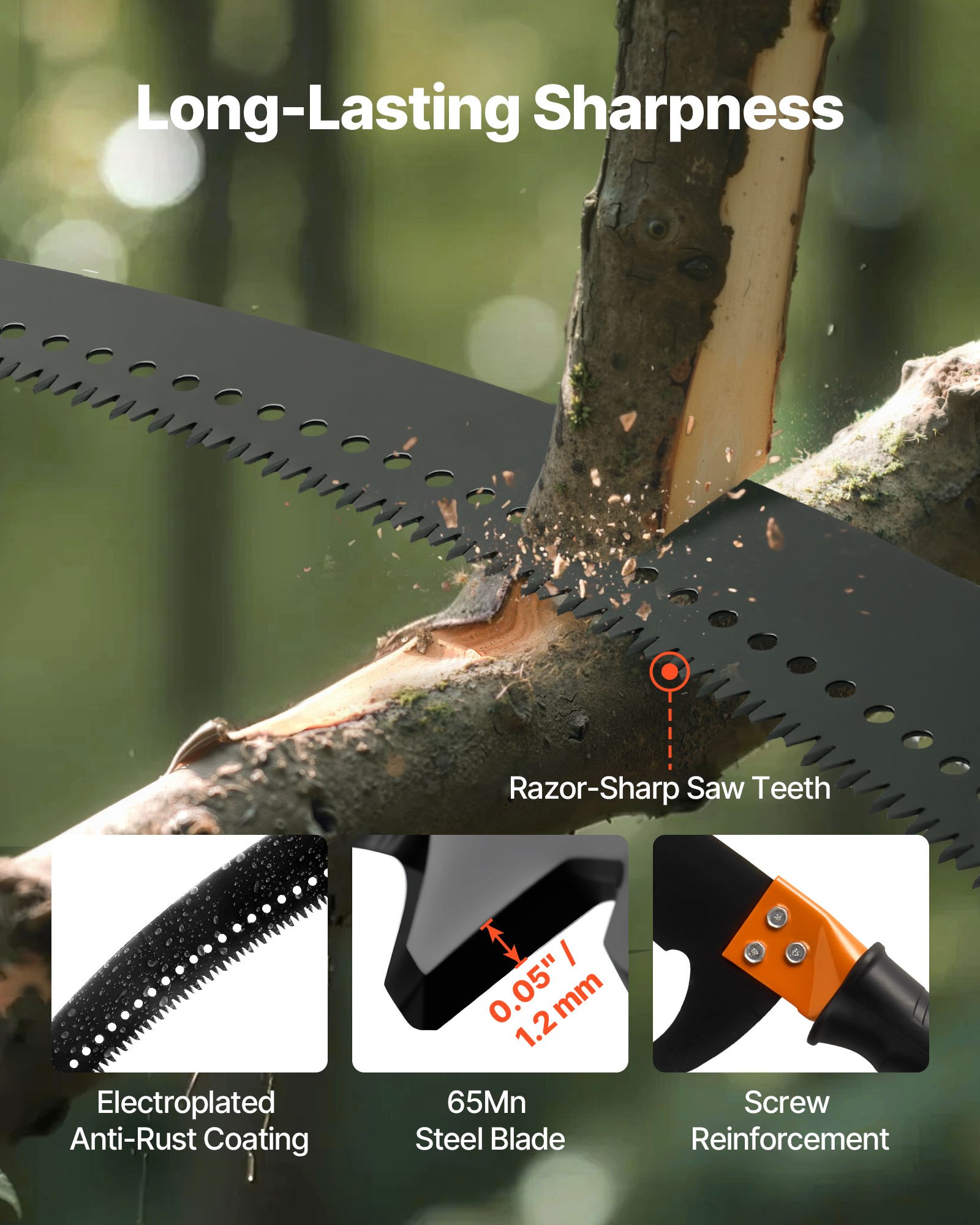 VEVOR Manual Pole Saw, 4.46-26.4 ft Extendable Tree Pruner, Sharp 65Mn Steel Blade, Lightweight Fiberglass Handle Pole, Two Double-Hook Saws for High Branch Trimming, Pruning Tool for Palms, Shrubs
