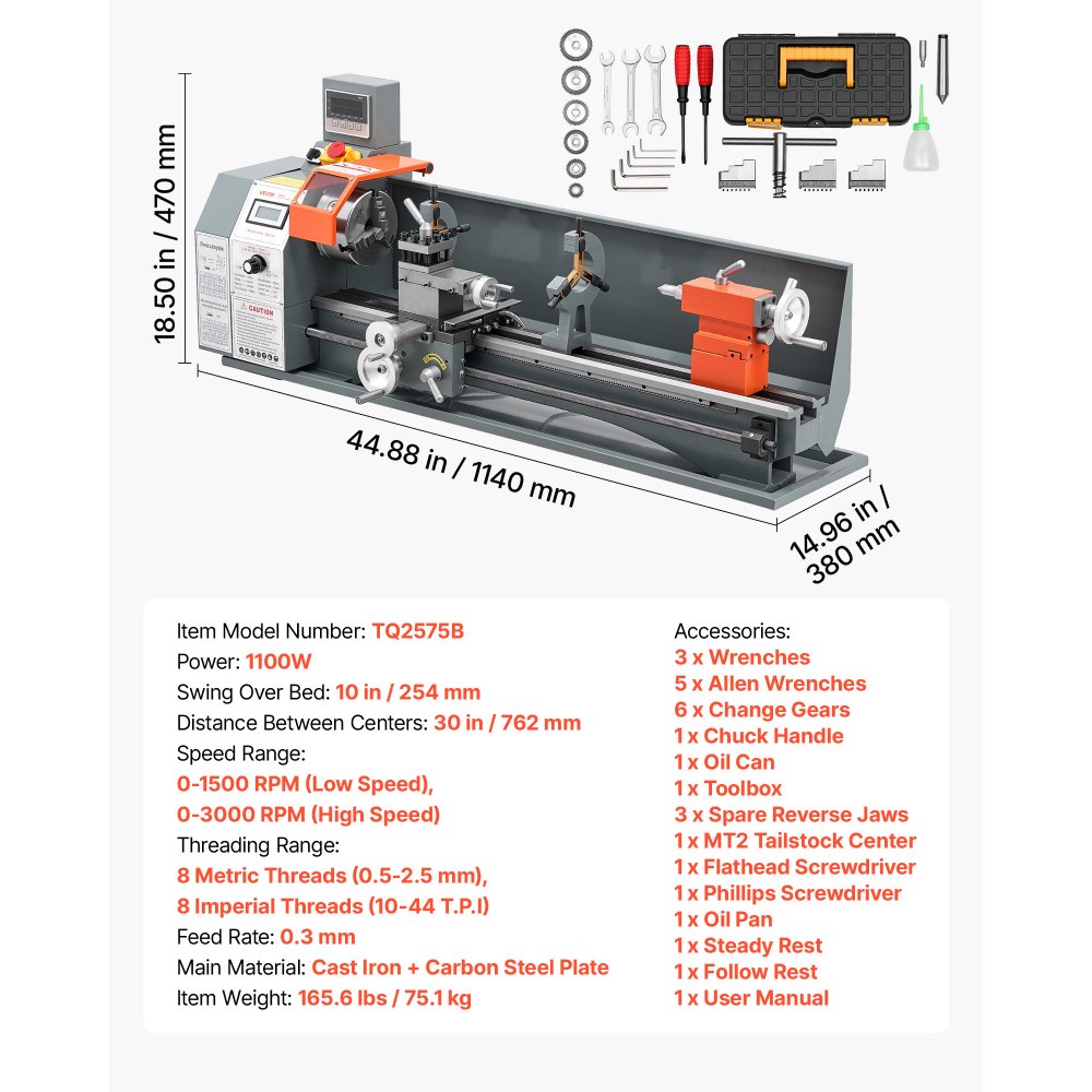 VEVOR Metal Lathe 10" x 30" 1100W Benchtop Lathe Machine with 2-Axis DRO, for Metalworking Turning, Linear Scale & Digital Readout, Reversible Direction, Variable Speed 3000 RPM Max, with Metal Gears