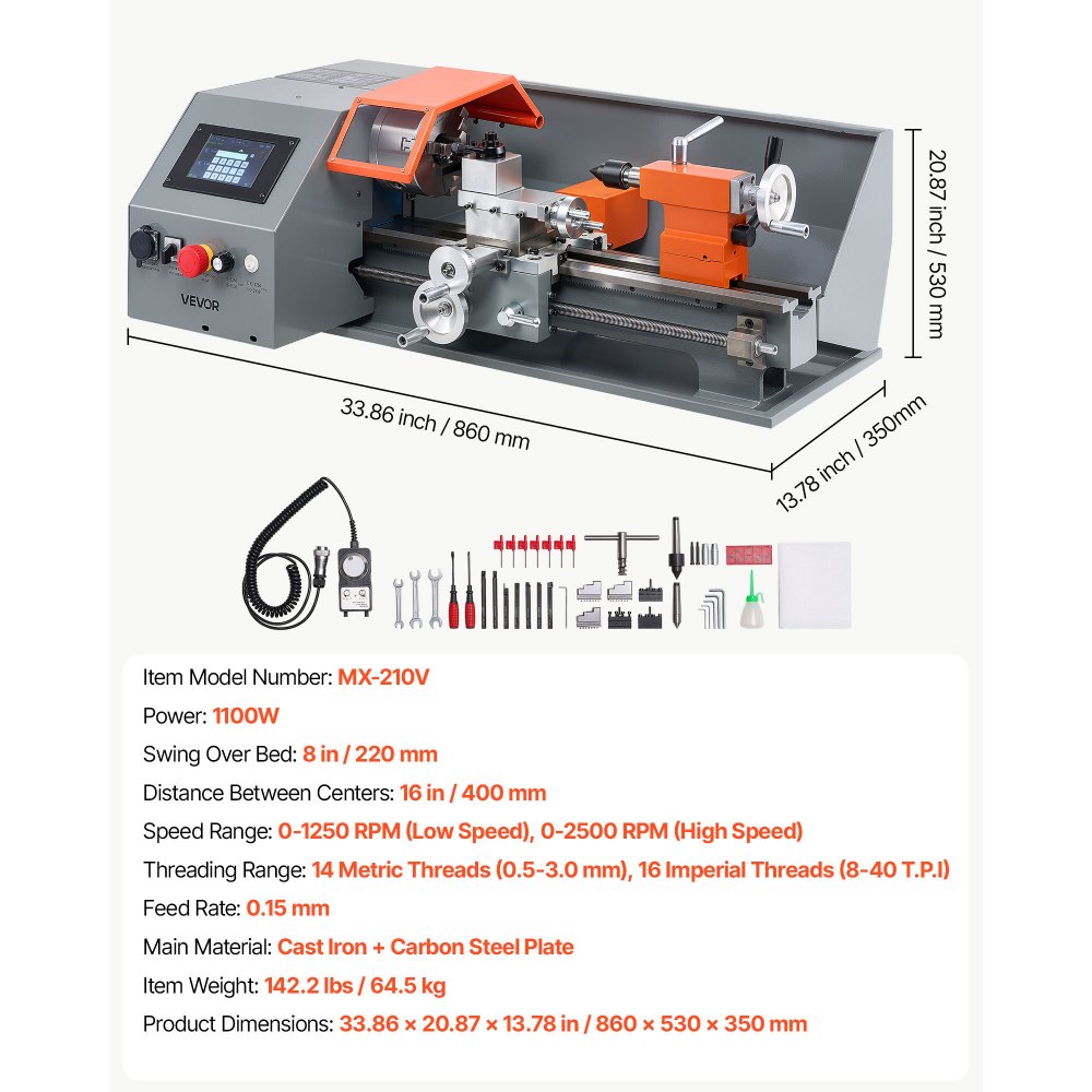 VEVOR Metal Lathe 8"x16" 1100W Benchtop CNC Metal Lathe Touchscreen Control, for Fully Automatic Metalworking Turning, Quick-Change Tool Post, Electronic Leadscrew Drive, Variable Speed 2500 RPM Max