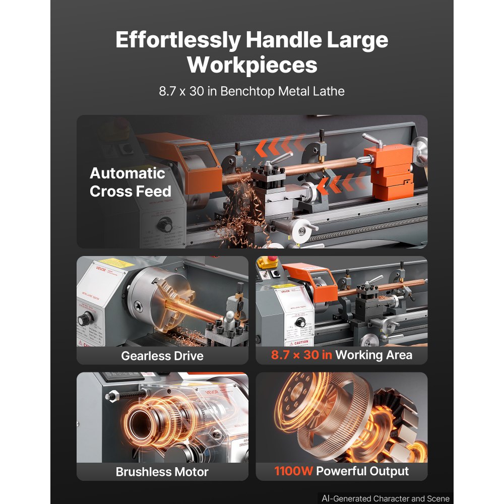 VEVOR Metal Lathe 8.7" x 30" 1100W Benchtop Lathe Machine Semi-Automatic, for Precision Metalworking Turning Threading, Electronic Leadscrew Drive, Variable Speed 2500 RPM Max, with Brushless Motor