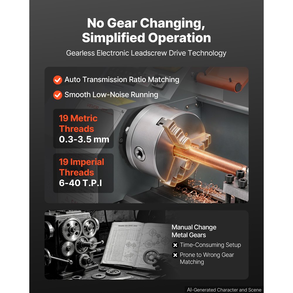 VEVOR Metal Lathe 8.7" x 30" 1100W Benchtop Lathe Machine Semi-Automatic, for Precision Metalworking Turning Threading, Electronic Leadscrew Drive, Variable Speed 2500 RPM Max, with Brushless Motor