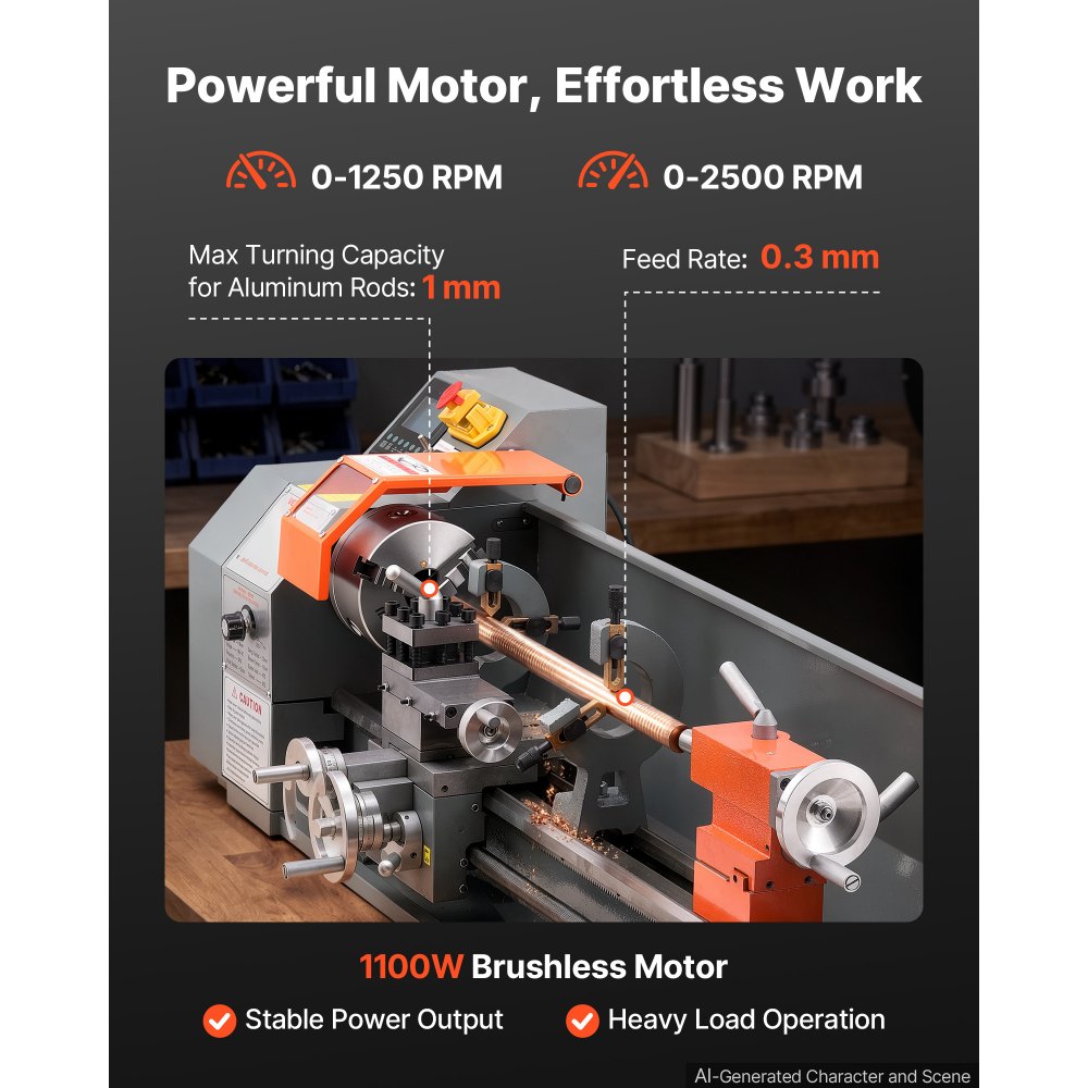 VEVOR Metal Lathe 8.7" x 30" 1100W Benchtop Lathe Machine Semi-Automatic, for Precision Metalworking Turning Threading, Electronic Leadscrew Drive, Variable Speed 2500 RPM Max, with Brushless Motor