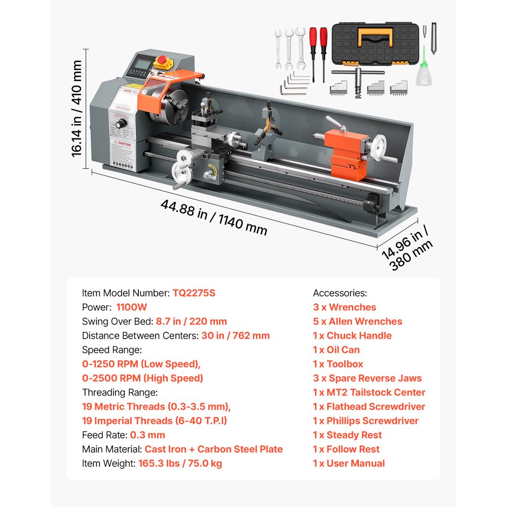 VEVOR Metal Lathe 8.7" x 30" 1100W Benchtop Lathe Machine Semi-Automatic, for Precision Metalworking Turning Threading, Electronic Leadscrew Drive, Variable Speed 2500 RPM Max, with Brushless Motor