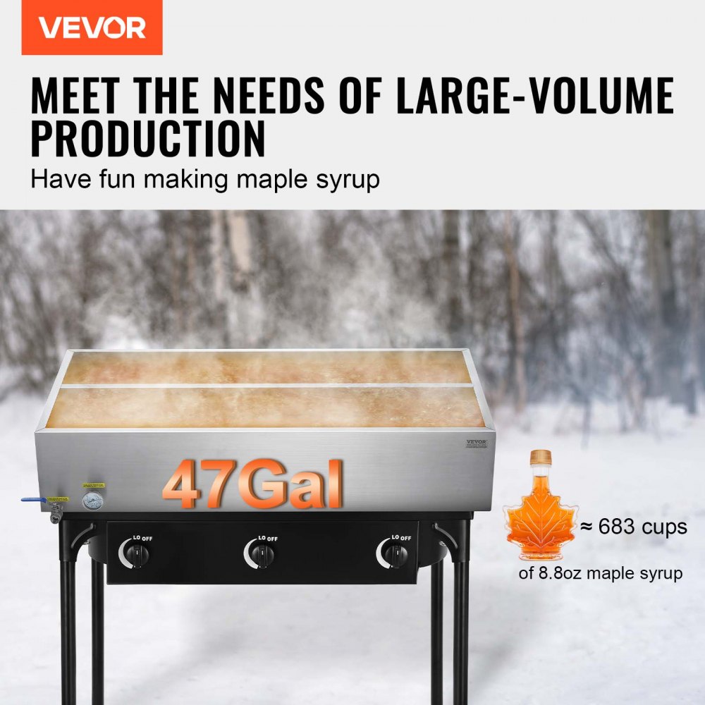 VEVOR Maple Syrup Evaporator Pan, 47 Gallon, 683 Cups of 8.8oz Maple Syrup, Flat Evaporator Pan with Thermometer, 1 Valve and 3 Heating Methods, Stainless Steel Maple Syrup Pan for Home, Outdoor