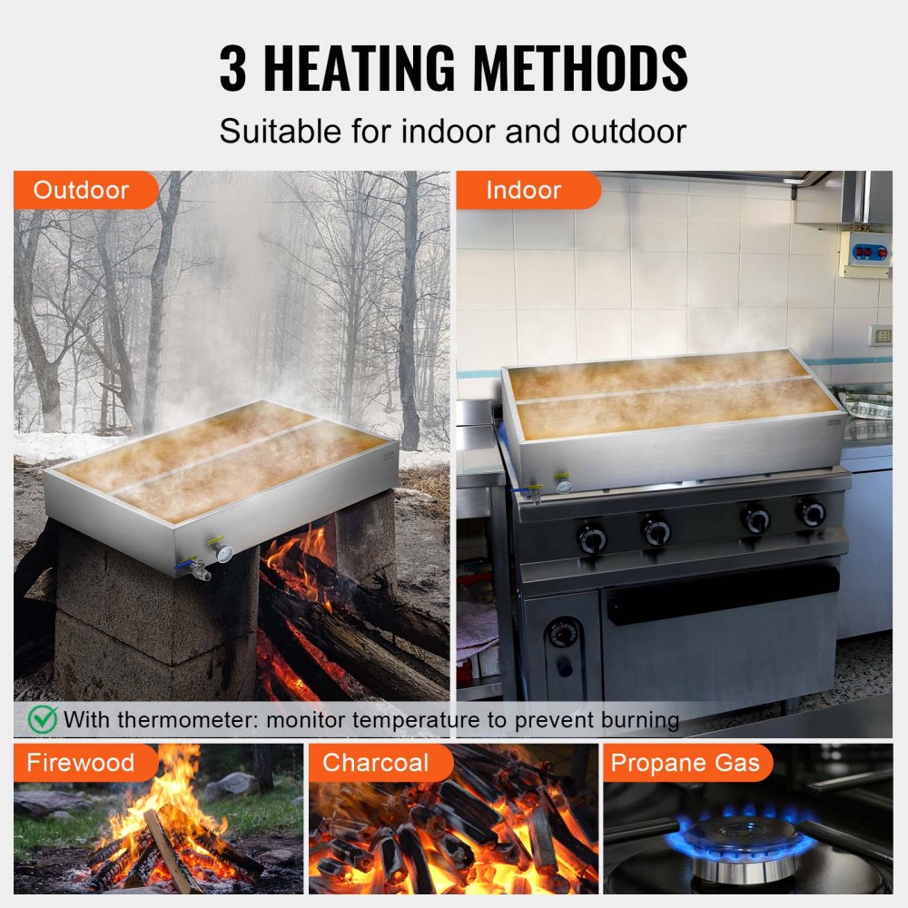 VEVOR Maple Syrup Evaporator Pan, 47 Gallon, 683 Cups of 8.8oz Maple Syrup, Flat Evaporator Pan with Thermometer, 1 Valve and 3 Heating Methods, Stainless Steel Maple Syrup Pan for Home, Outdoor