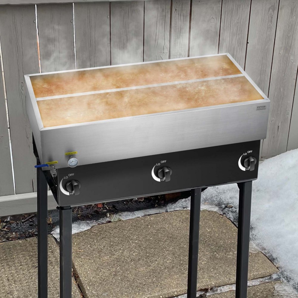 VEVOR Maple Syrup Evaporator Pan, 47 Gallon, 683 Cups of 8.8oz Maple Syrup, Flat Evaporator Pan with Thermometer, 1 Valve and 3 Heating Methods, Stainless Steel Maple Syrup Pan for Home, Outdoor