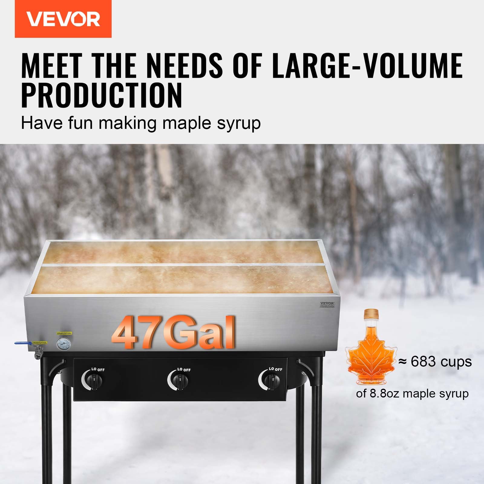 VEVOR Maple Syrup Evaporator Pan, 47 Gallon, 683 Cups of 8.8oz Maple Syrup, Flat Evaporator Pan with Thermometer, 1 Valve and 3 Heating Methods, Stainless Steel Maple Syrup Pan for Home, Outdoor