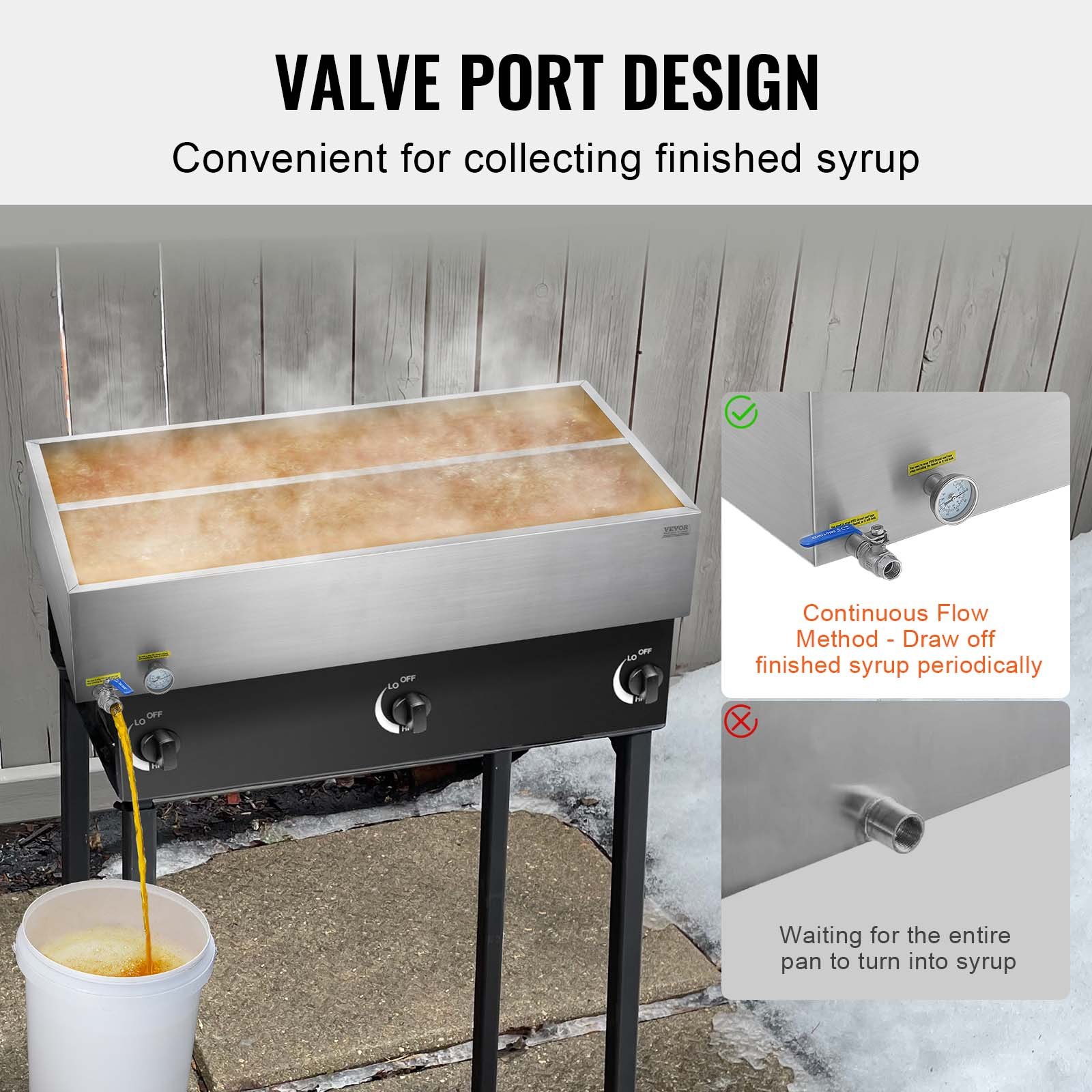 VEVOR Maple Syrup Evaporator Pan, 47 Gallon, 683 Cups of 8.8oz Maple Syrup, Flat Evaporator Pan with Thermometer, 1 Valve and 3 Heating Methods, Stainless Steel Maple Syrup Pan for Home, Outdoor