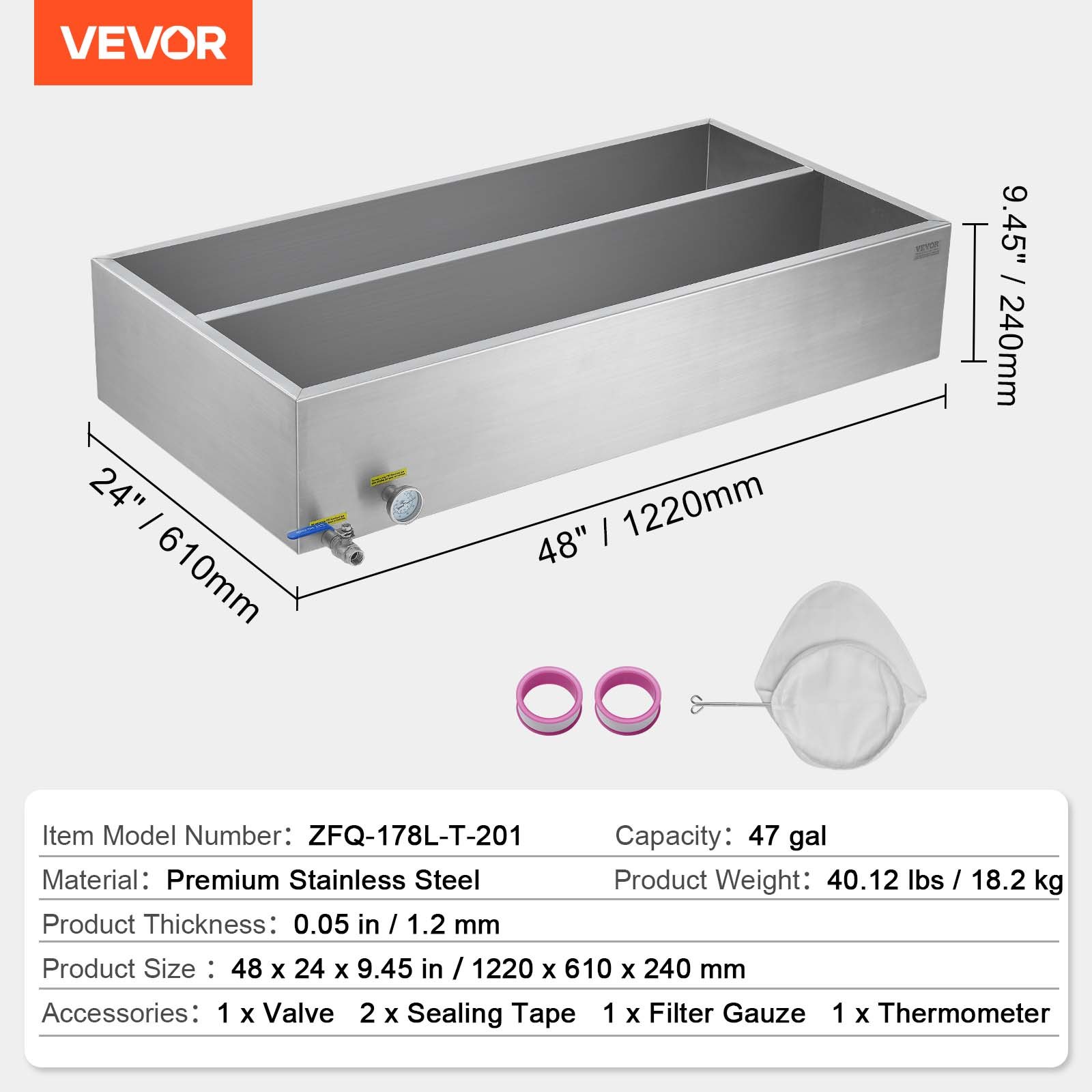 VEVOR Maple Syrup Evaporator Pan, 47 Gallon, 683 Cups of 8.8oz Maple Syrup, Flat Evaporator Pan with Thermometer, 1 Valve and 3 Heating Methods, Stainless Steel Maple Syrup Pan for Home, Outdoor