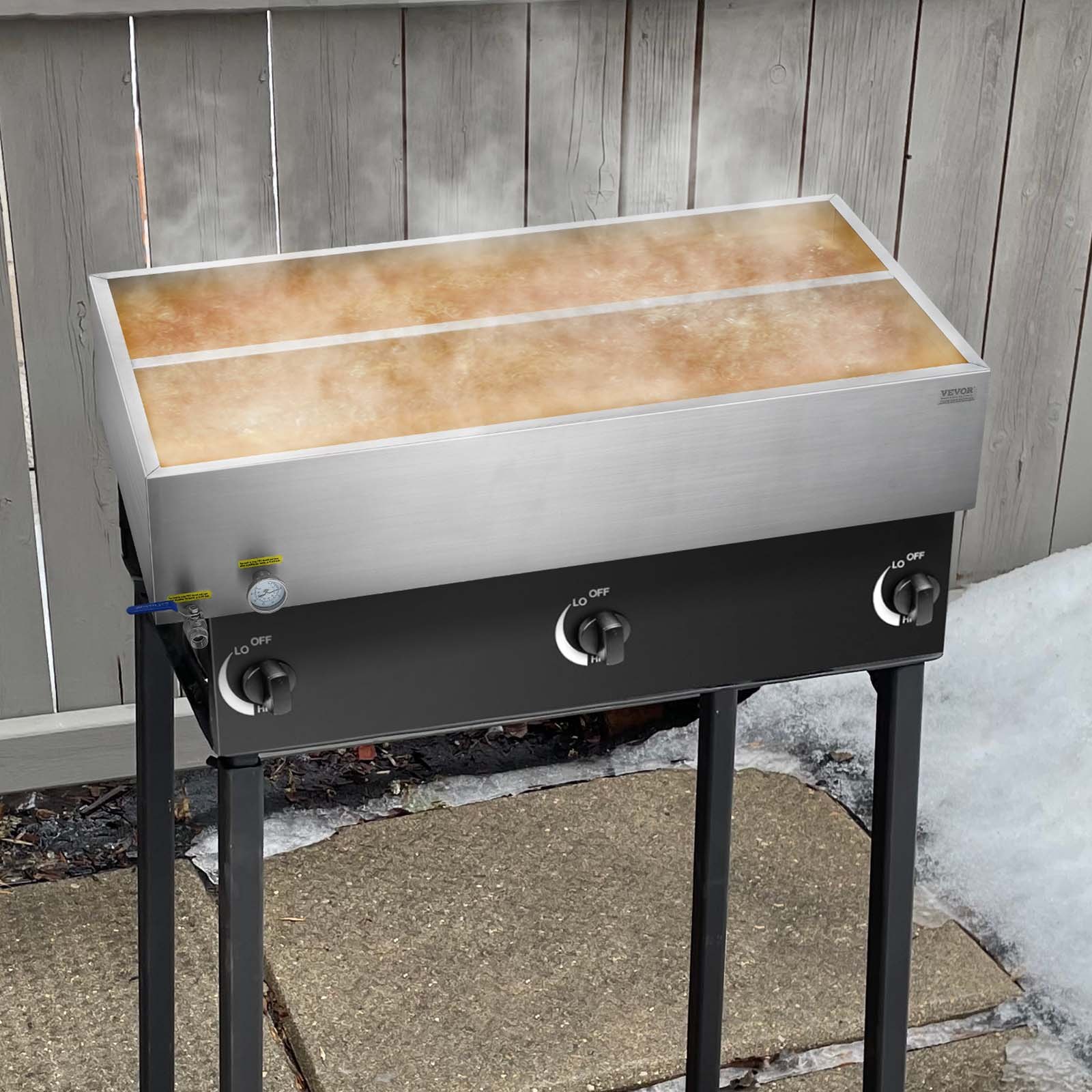 VEVOR Maple Syrup Evaporator Pan, 47 Gallon, 683 Cups of 8.8oz Maple Syrup, Flat Evaporator Pan with Thermometer, 1 Valve and 3 Heating Methods, Stainless Steel Maple Syrup Pan for Home, Outdoor