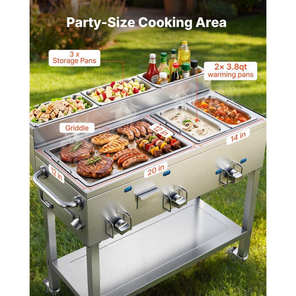 VEVOR Outdoor Propane Griddle, 3 Burners (11,600 BTU Each), Commercial Stainless Steel Griddle with Two 1/3 Size Food Warming Pans, Portable Cart with 4 Lockable Wheels, for Hot Dogs, Burgers & Meats