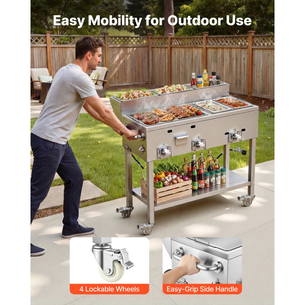 VEVOR Outdoor Propane Griddle, 3 Burners (11,600 BTU Each), Commercial Stainless Steel Griddle with Two 1/3 Size Food Warming Pans, Portable Cart with 4 Lockable Wheels, for Hot Dogs, Burgers & Meats