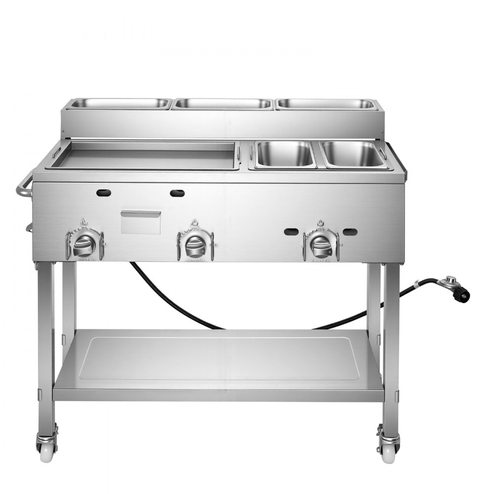 VEVOR Outdoor Propane Griddle, 3 Burners (11,600 BTU Each), Commercial Stainless Steel Griddle with Two 1/3 Size Food Warming Pans, Portable Cart with 4 Lockable Wheels, for Hot Dogs, Burgers & Meats