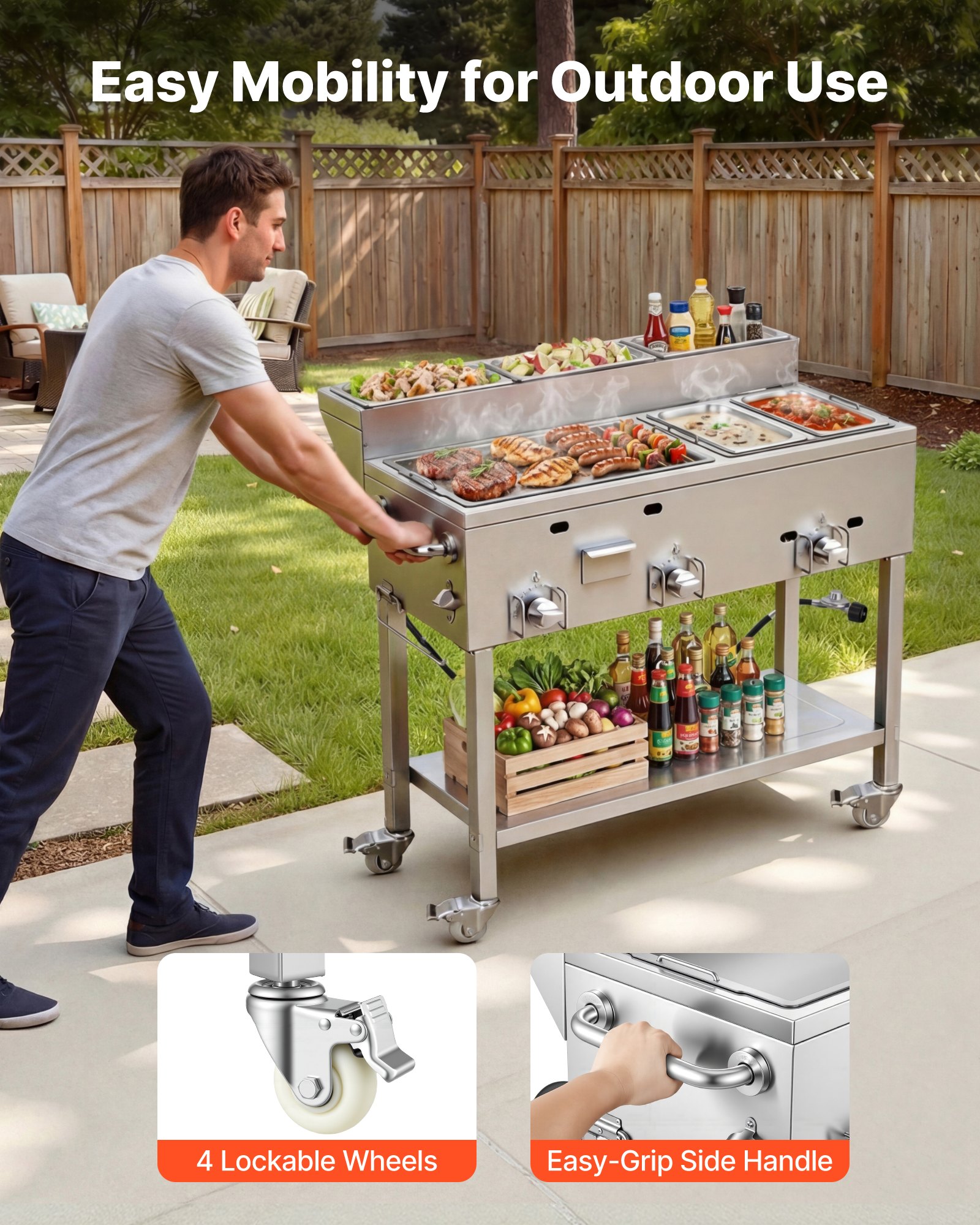 VEVOR Outdoor Propane Griddle, 3 Burners (11,600 BTU Each), Commercial Stainless Steel Griddle with Two 1/3 Size Food Warming Pans, Portable Cart with 4 Lockable Wheels, for Hot Dogs, Burgers & Meats