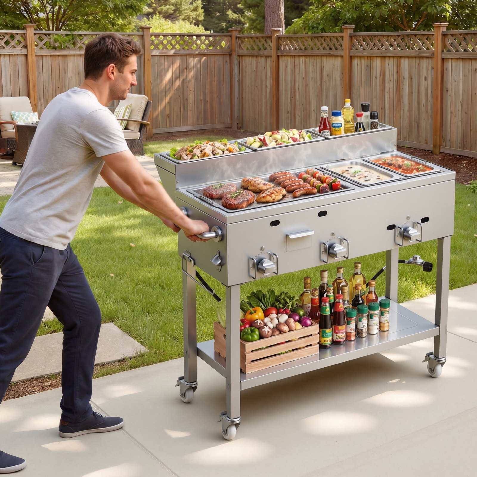 VEVOR Outdoor Propane Griddle, 3 Burners (11,600 BTU Each), Commercial Stainless Steel Griddle with Two 1/3 Size Food Warming Pans, Portable Cart with 4 Lockable Wheels, for Hot Dogs, Burgers & Meats