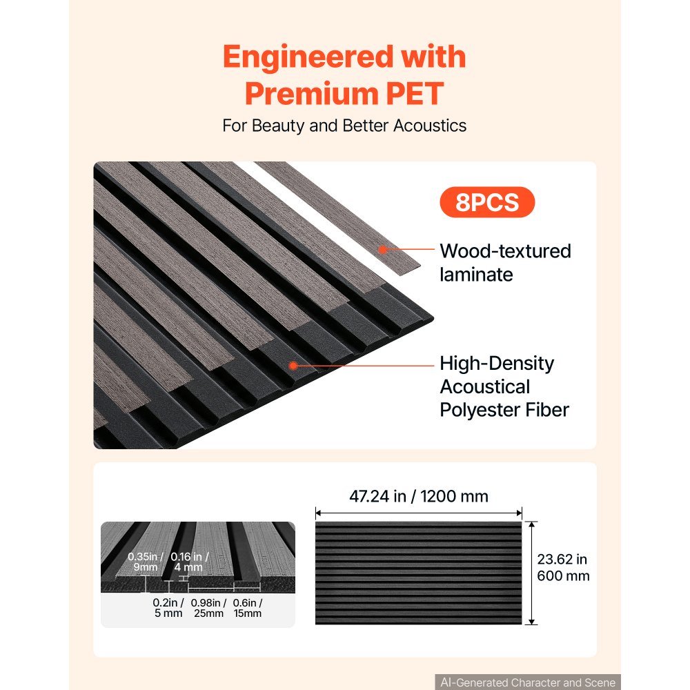 VEVOR Wood Wall Panels, 1200 x 600 mm, Acoustic Slat Panels, Black Gray, Sound Absorbing for Living Rooms, Bedrooms, Offices, and Studios, Interior Wall Decor, PET Construction, Screw Kit, 8-Pack