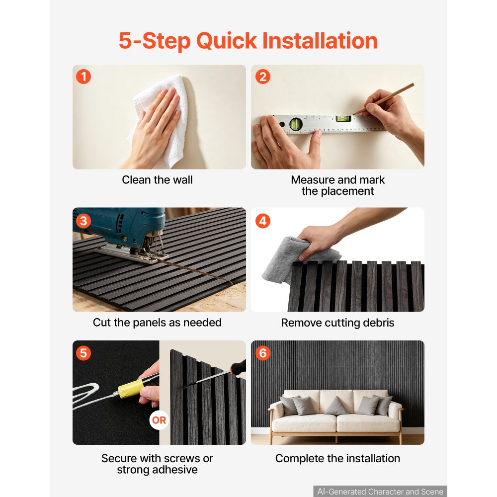 VEVOR Wood Wall Panels, 1200 x 600 mm, Acoustic Slat Panels, Black Gray, Sound Absorbing for Living Rooms, Bedrooms, Offices, and Studios, Interior Wall Decor, PET Construction, Screw Kit, 8-Pack