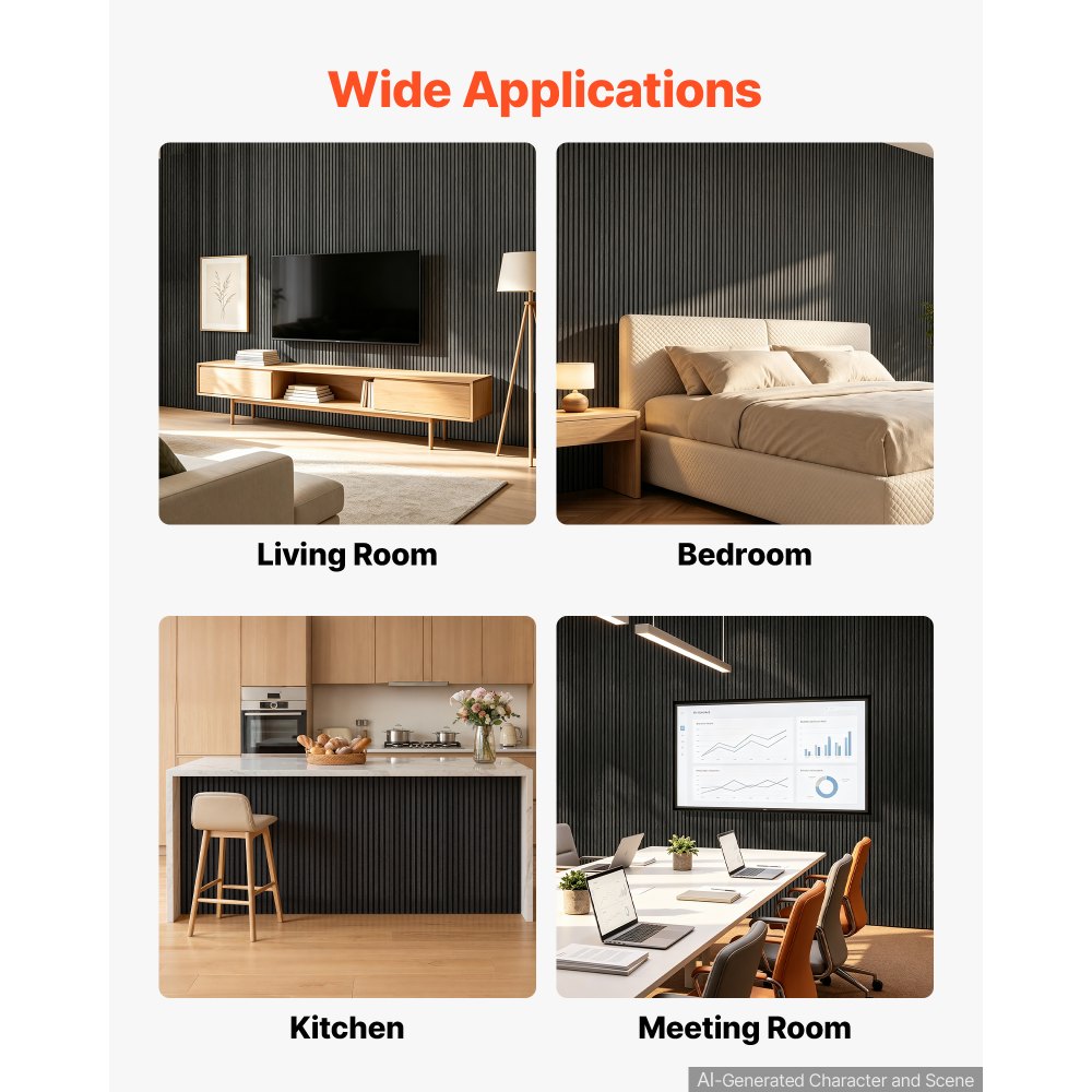 VEVOR Wood Wall Panels, 1200 x 600 mm, Acoustic Slat Panels, Black Gray, Sound Absorbing for Living Rooms, Bedrooms, Offices, and Studios, Interior Wall Decor, PET Construction, Screw Kit, 8-Pack