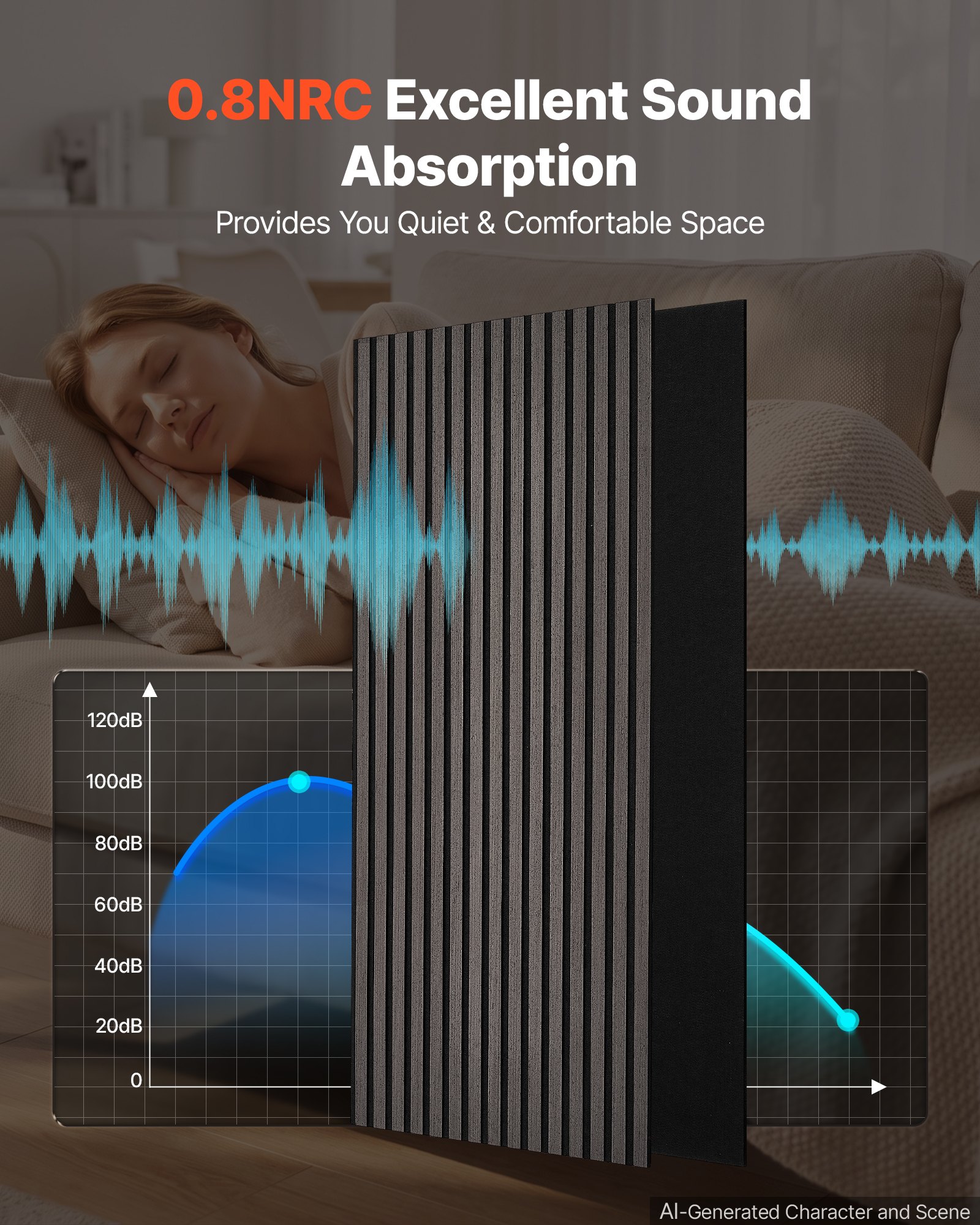 VEVOR Wood Wall Panels, 1200 x 600 mm, Acoustic Slat Panels, Black Gray, Sound Absorbing for Living Rooms, Bedrooms, Offices, and Studios, Interior Wall Decor, PET Construction, Screw Kit, 8-Pack