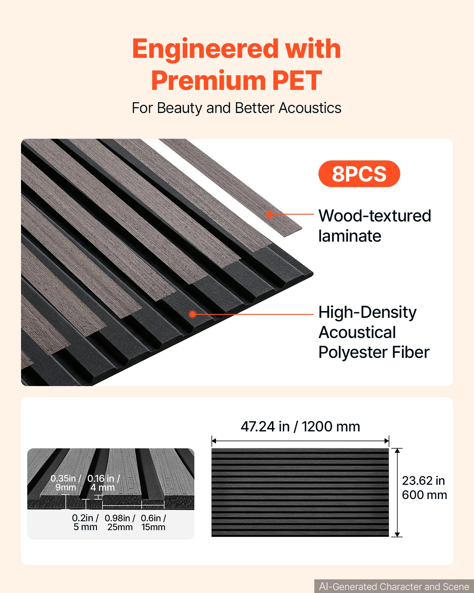 VEVOR Wood Wall Panels, 1200 x 600 mm, Acoustic Slat Panels, Black Gray, Sound Absorbing for Living Rooms, Bedrooms, Offices, and Studios, Interior Wall Decor, PET Construction, Screw Kit, 8-Pack